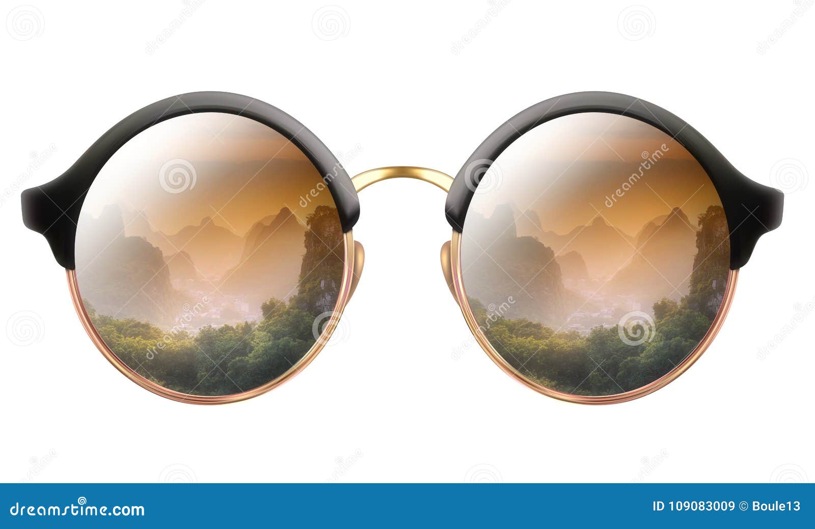 Sunglasses with Reflection of Cloudy Mountains Stock Image Image of