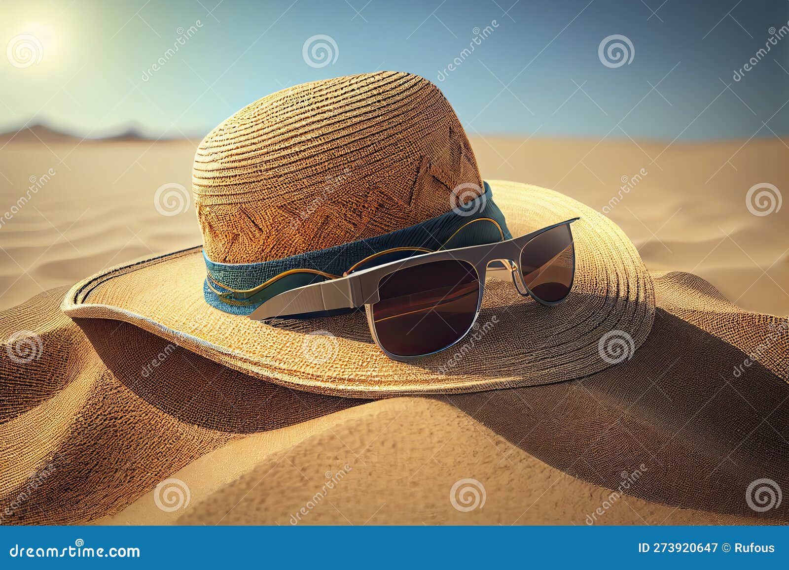 Sunglasses, Straw Hat and Beach Towel on Sand Stock Illustration