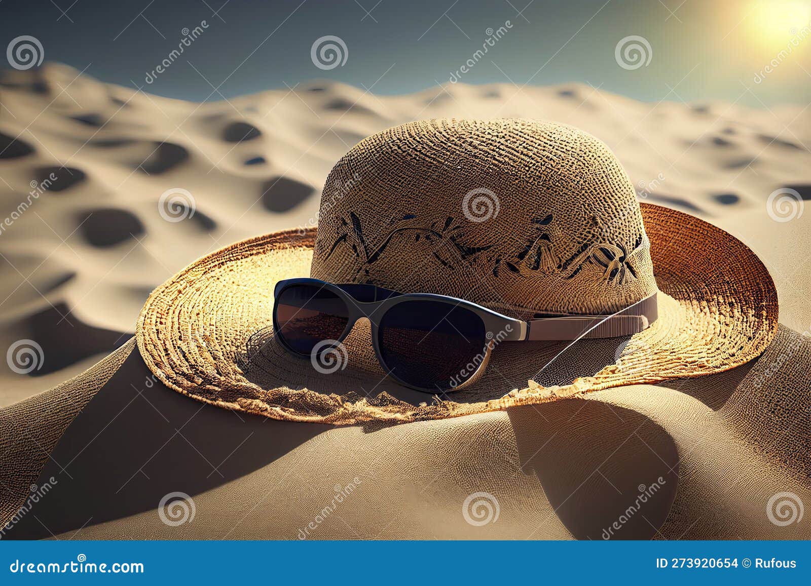Sunglasses, Straw Hat and Beach Towel on Sand Stock Illustration