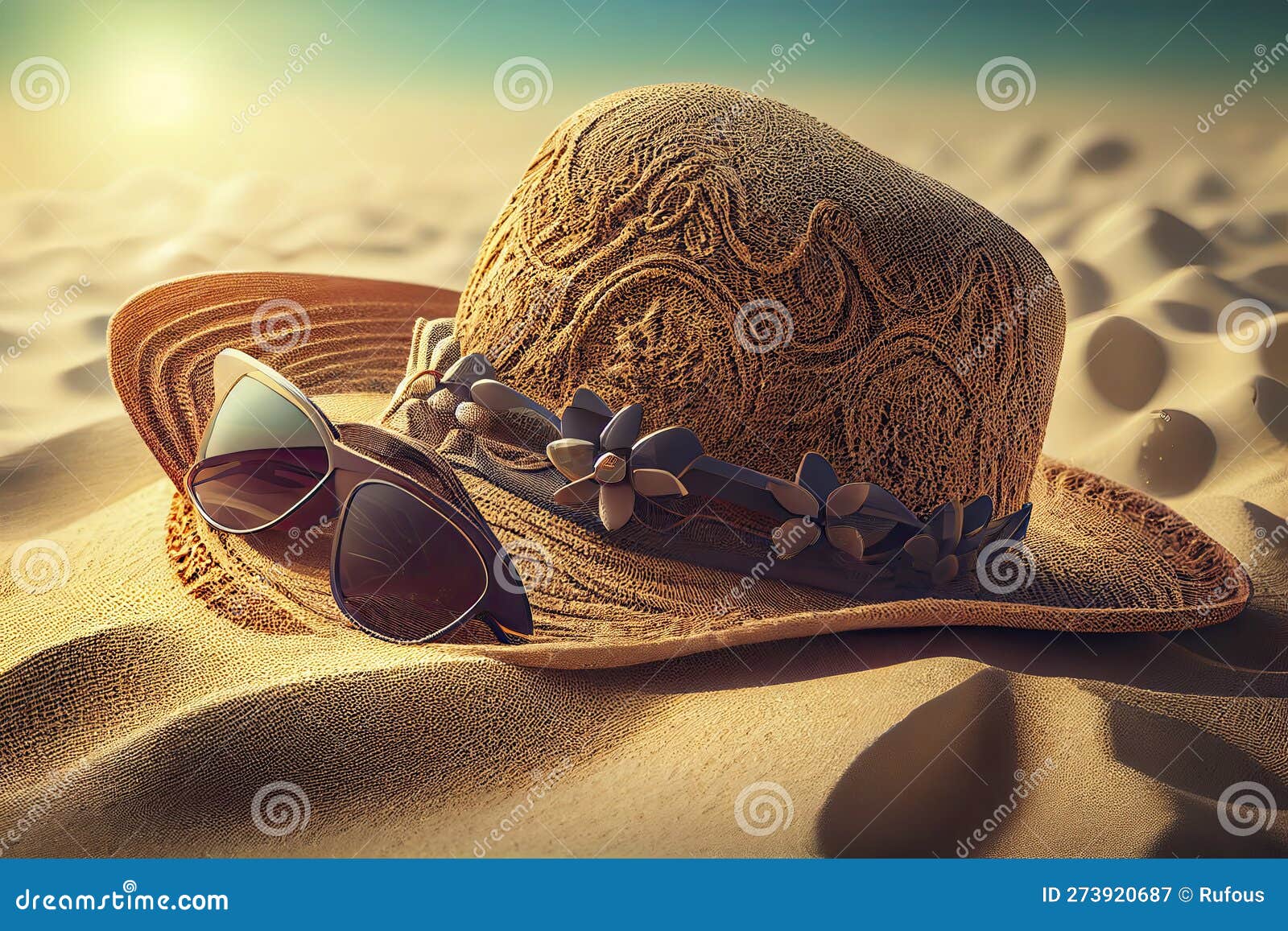 Sunglasses, Straw Hat and Beach Towel on Sand Stock Image Image of