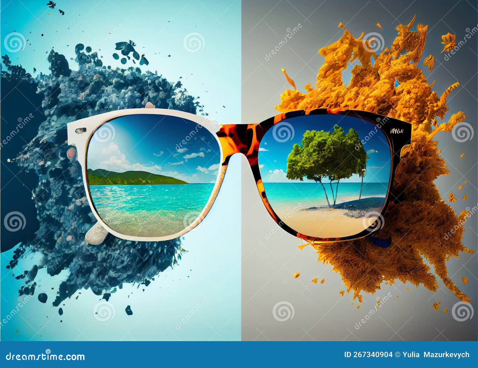 Sunglasses with Tropical Sand Beach and Red Glasses with Seashells