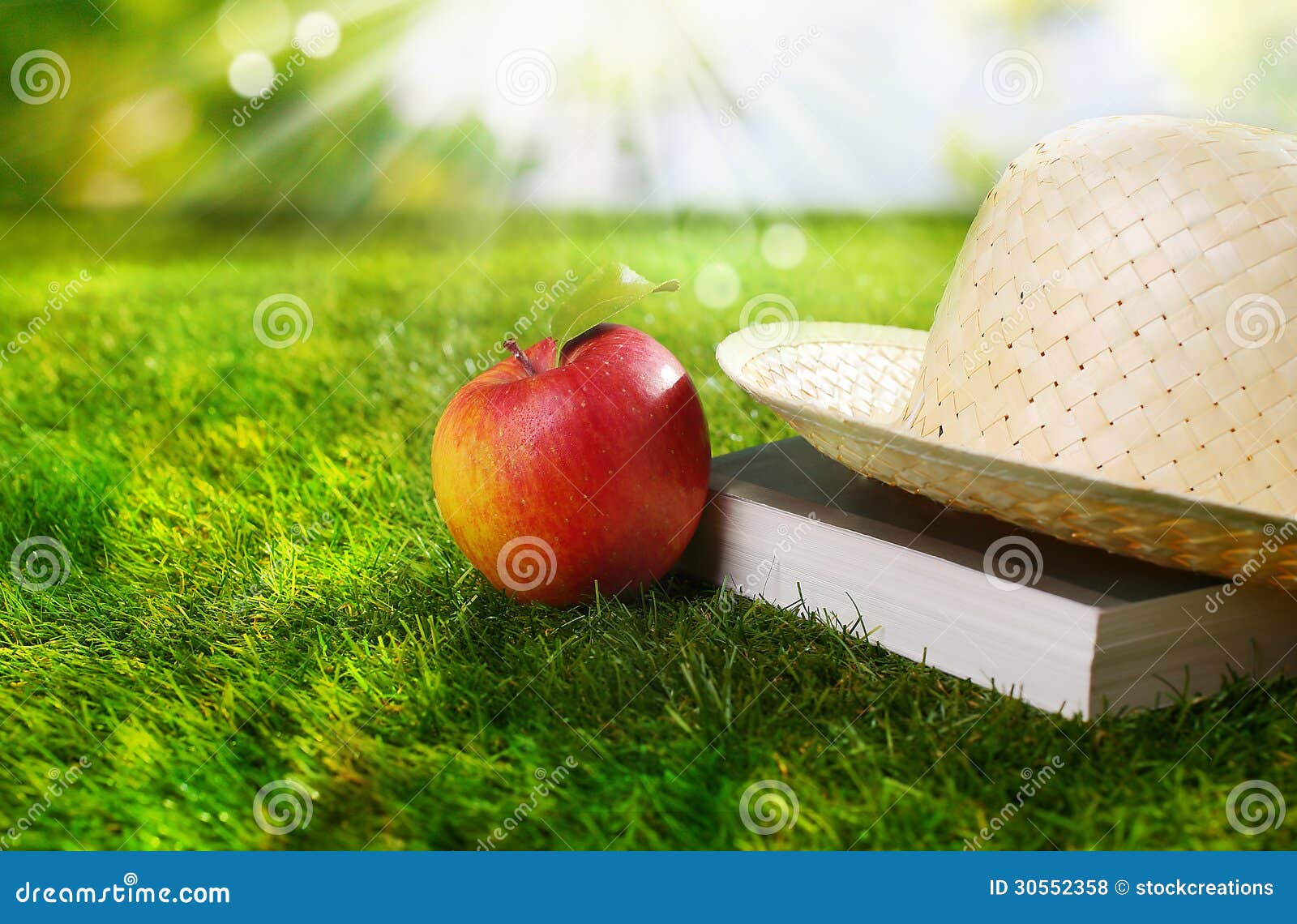 sunhat, book and fresh apple