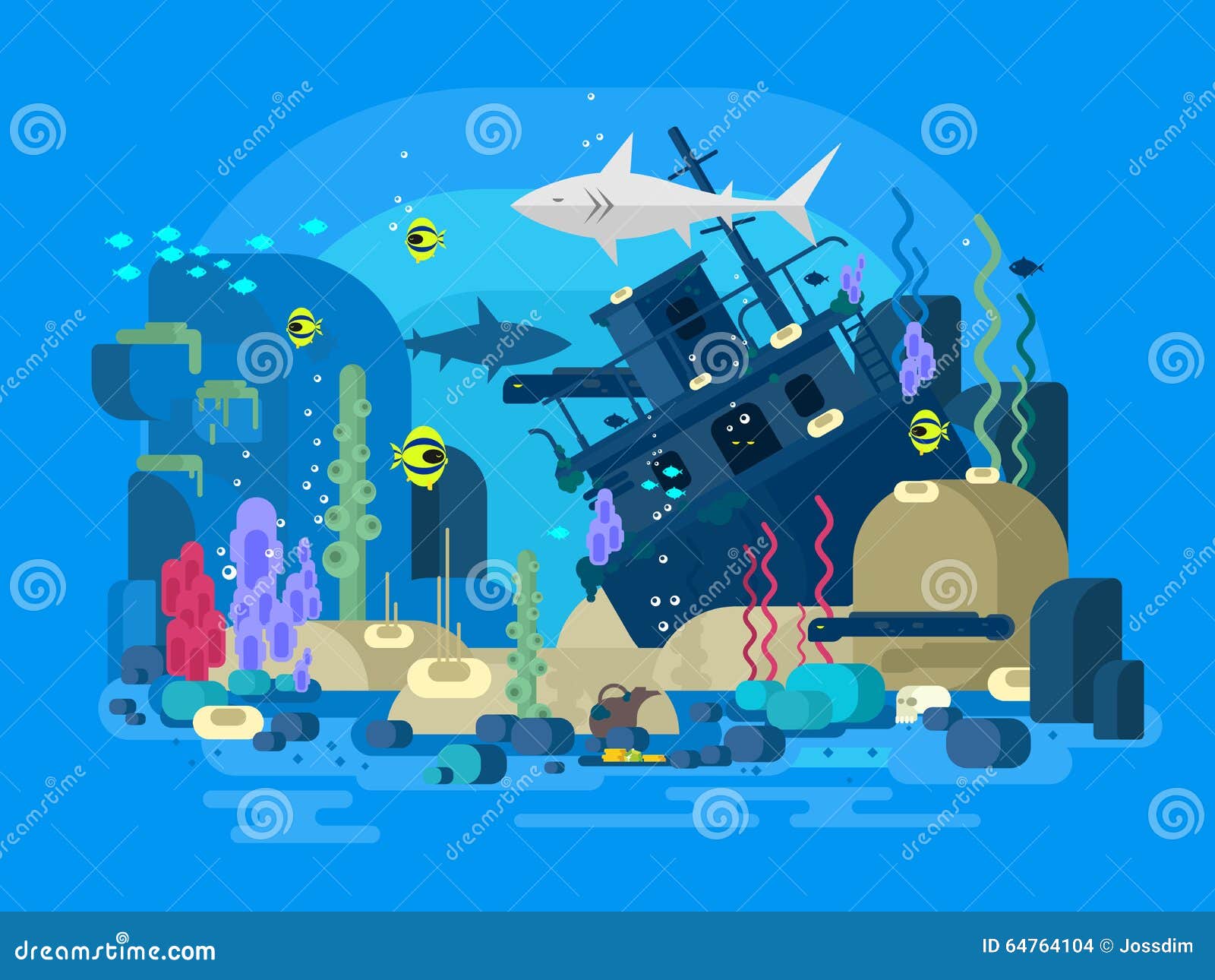 Sunken ship under water stock vector. Illustration of reef - 64764104