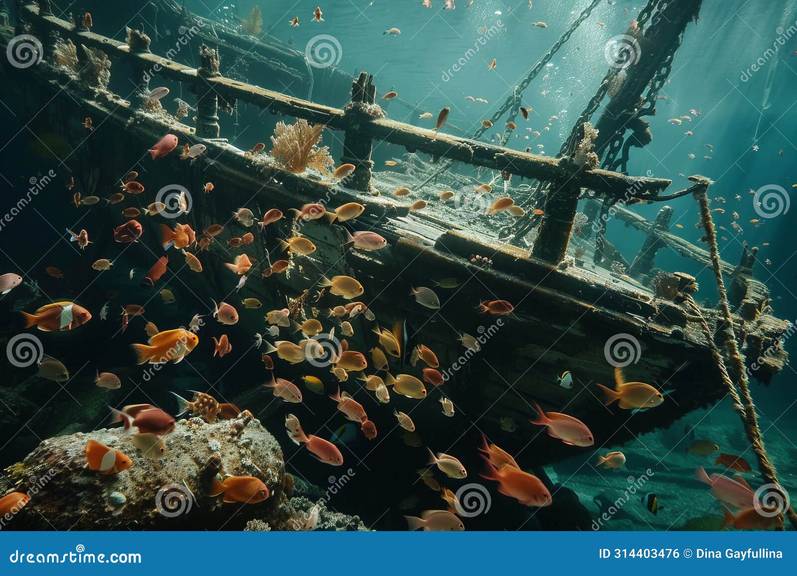 a sunken shipwreck teeming with fish ime lore.