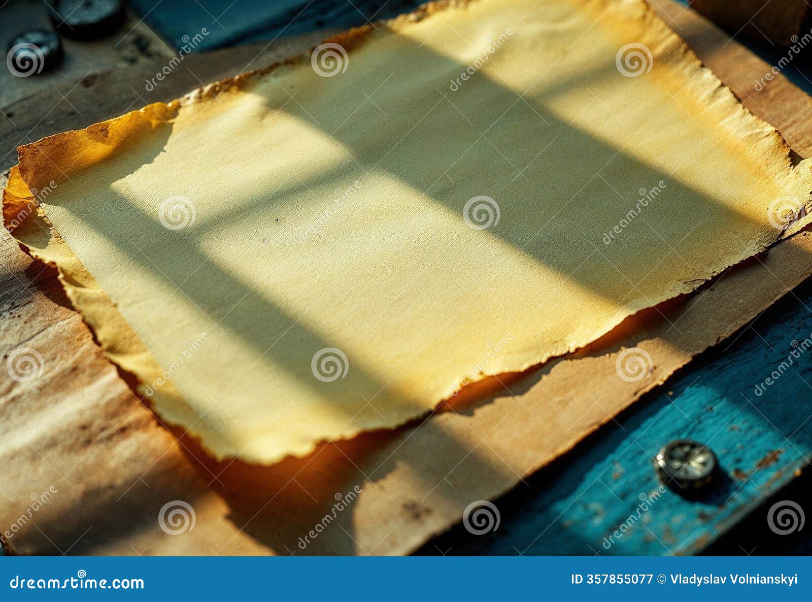 sunlight casting shadows on aged parchment paper in a rustic setting. generative ai