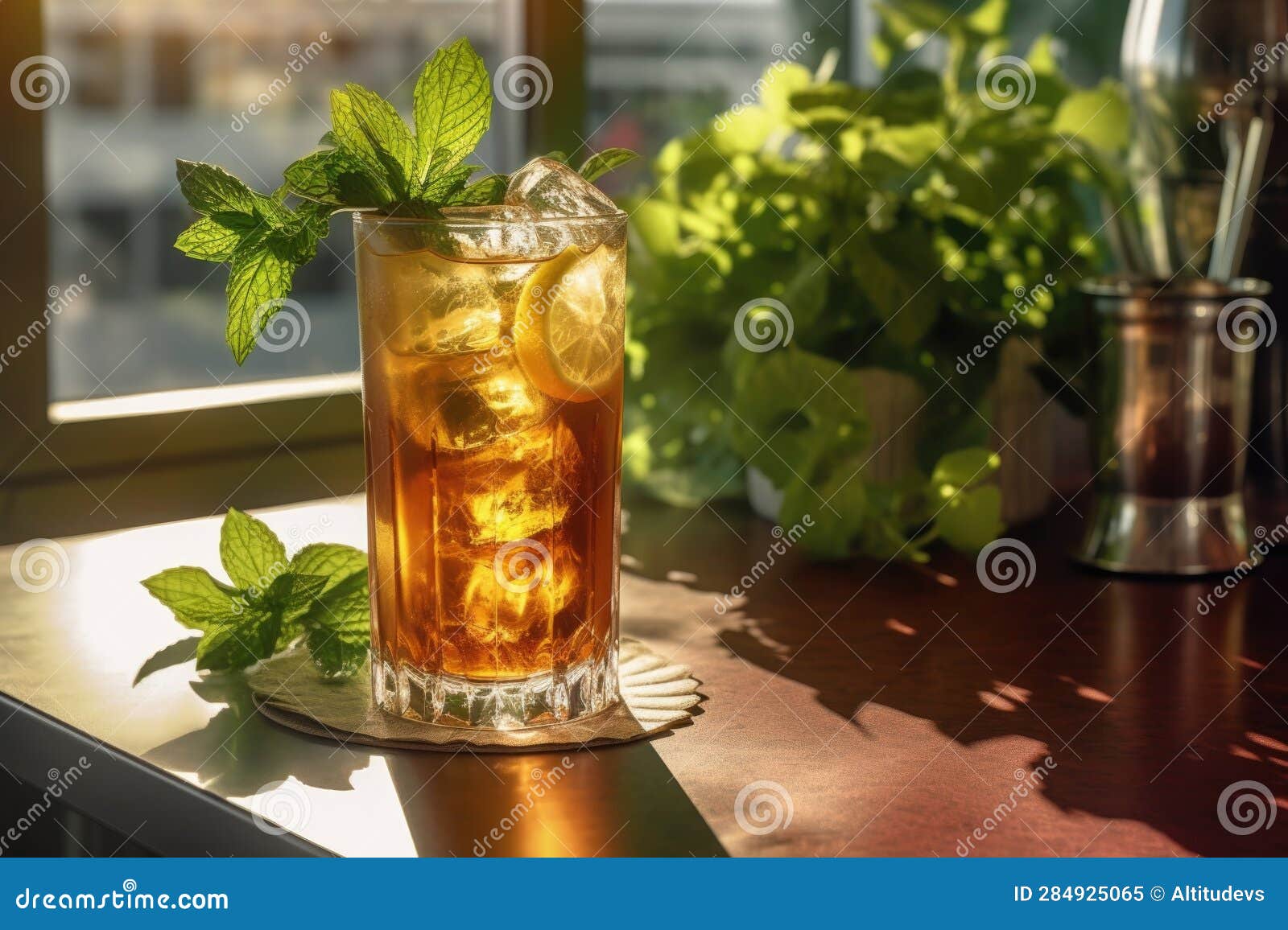 Sunlight Filtering through a Glass of Iced Tea with Mint Leaves Stock
