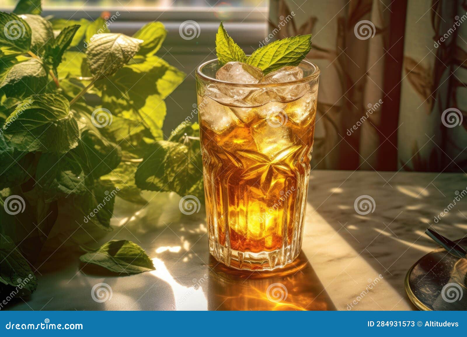 Sunlight Filtering through a Glass of Iced Tea with Mint Leaves Stock