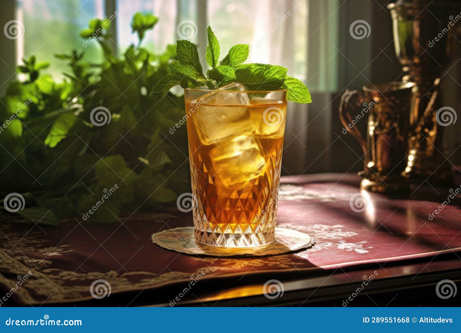 Sunlight Filtering through a Glass of Iced Tea with Mint Leaves Stock