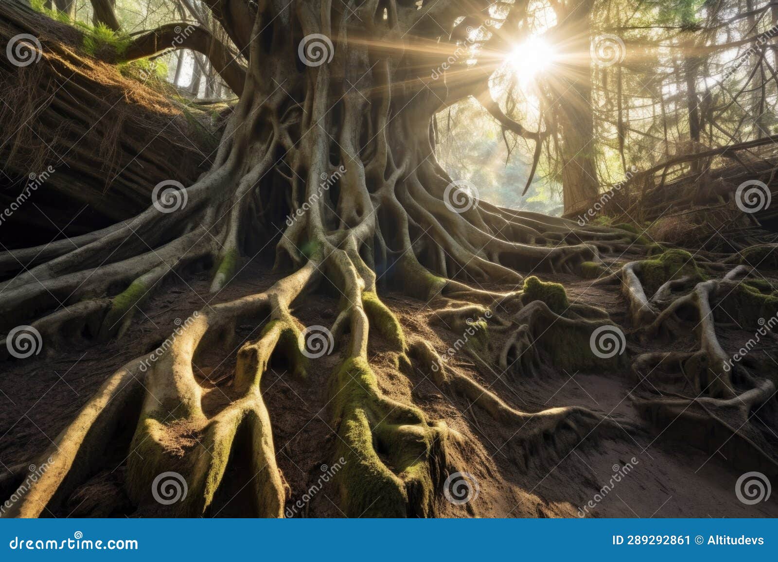 Sunlight Filtering through Twisted Roots in a Forest Stock Image