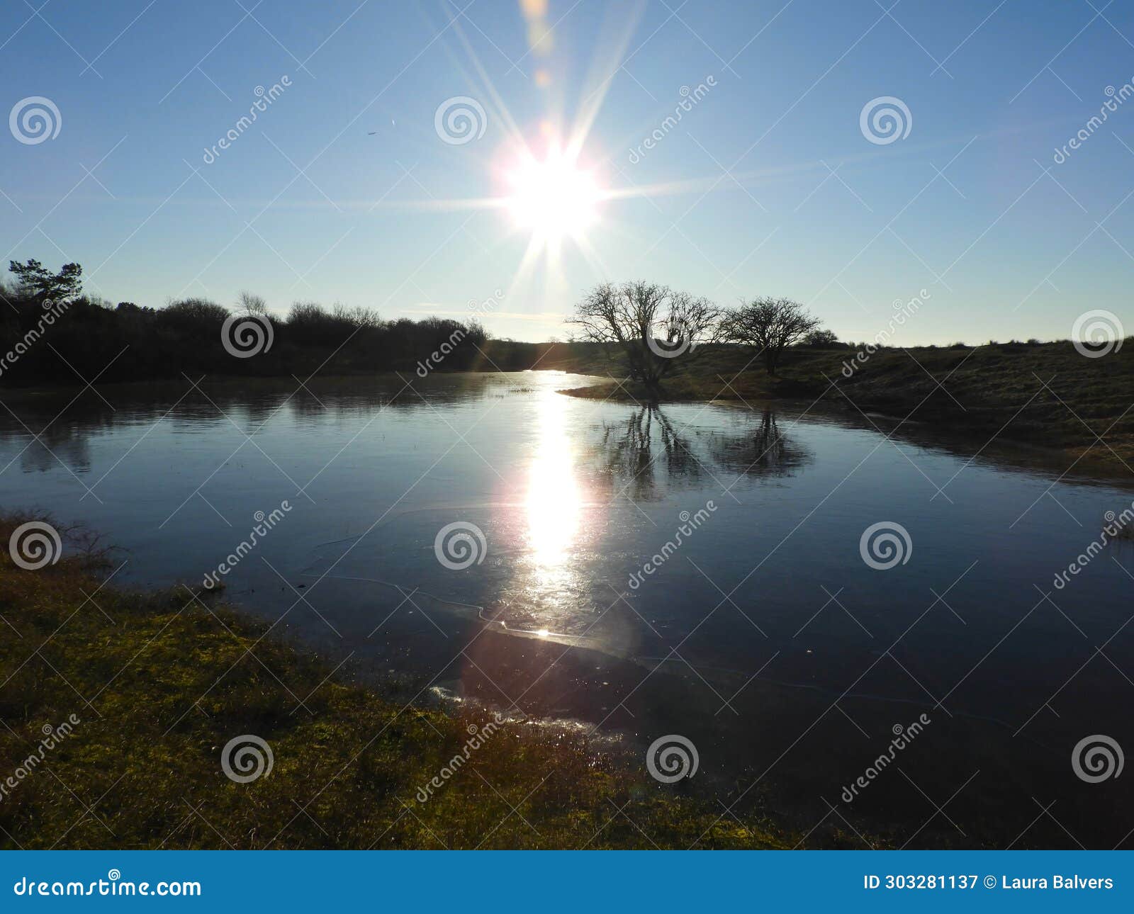 sunlight reflecting in a frozen lake