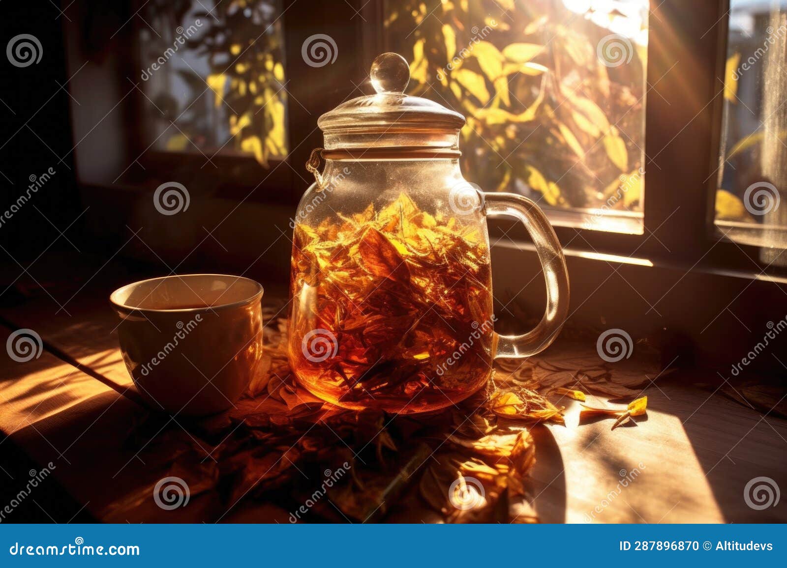 Sunlight Shining through a Glass Teapot with Steeping Tea Leaves Stock Photo Image of