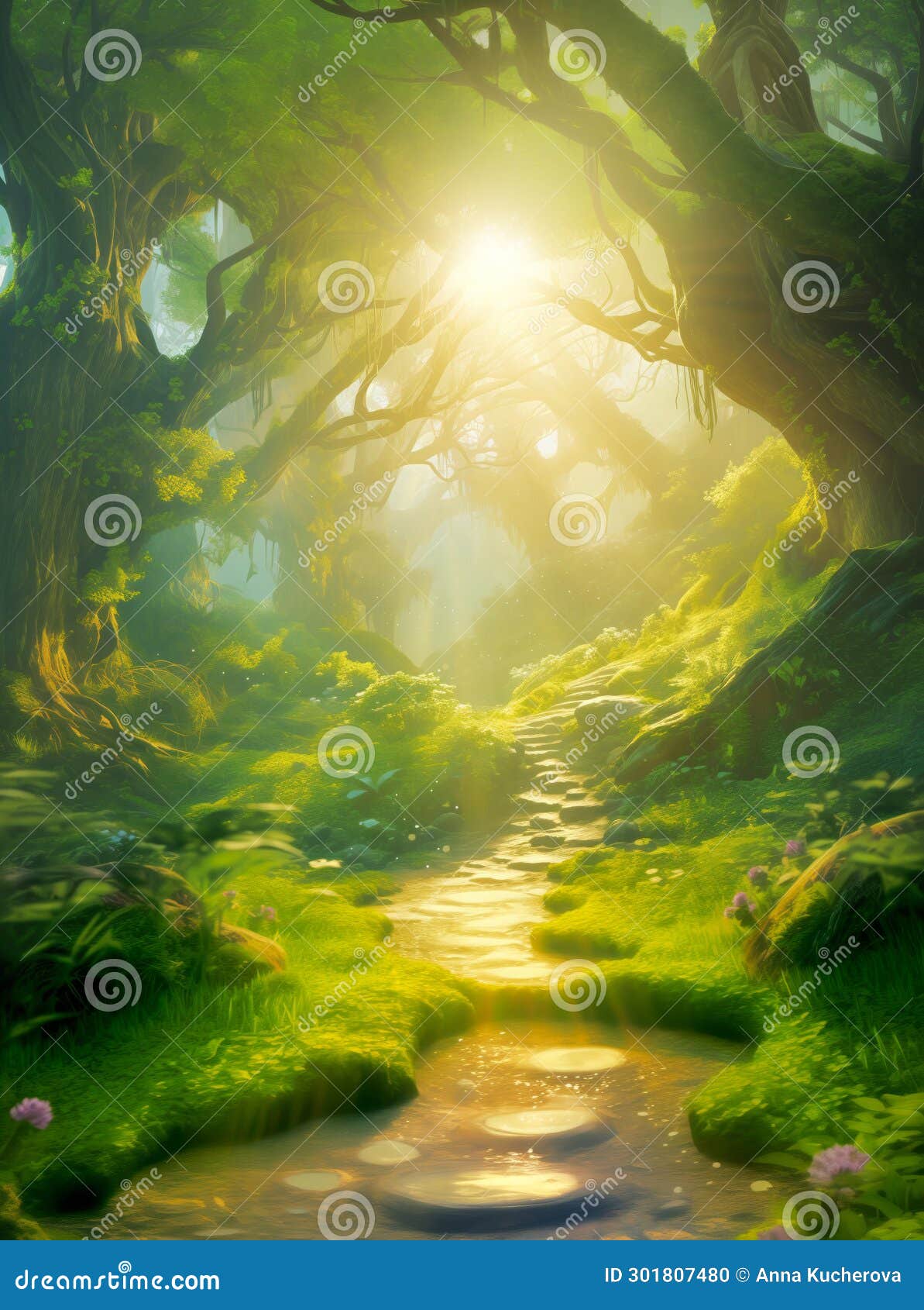 sunlit forest path leading through an enchanted woodland