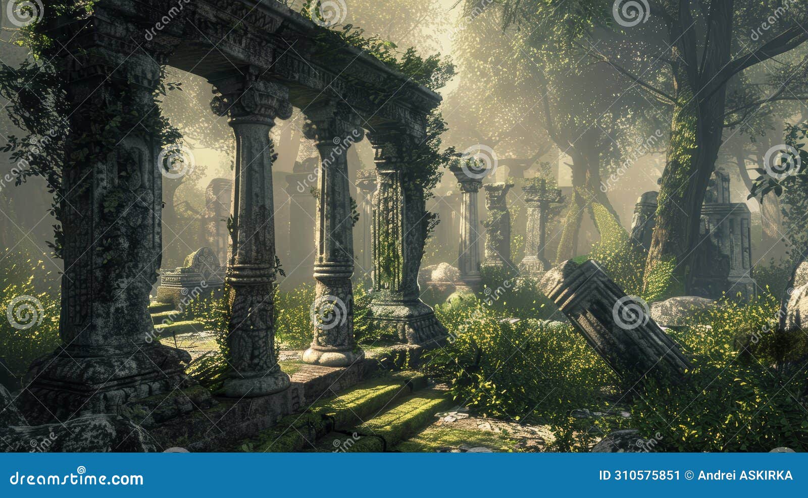 sunlit forest ruins covered in moss. peaceful ancient architecture with nature reclaiming