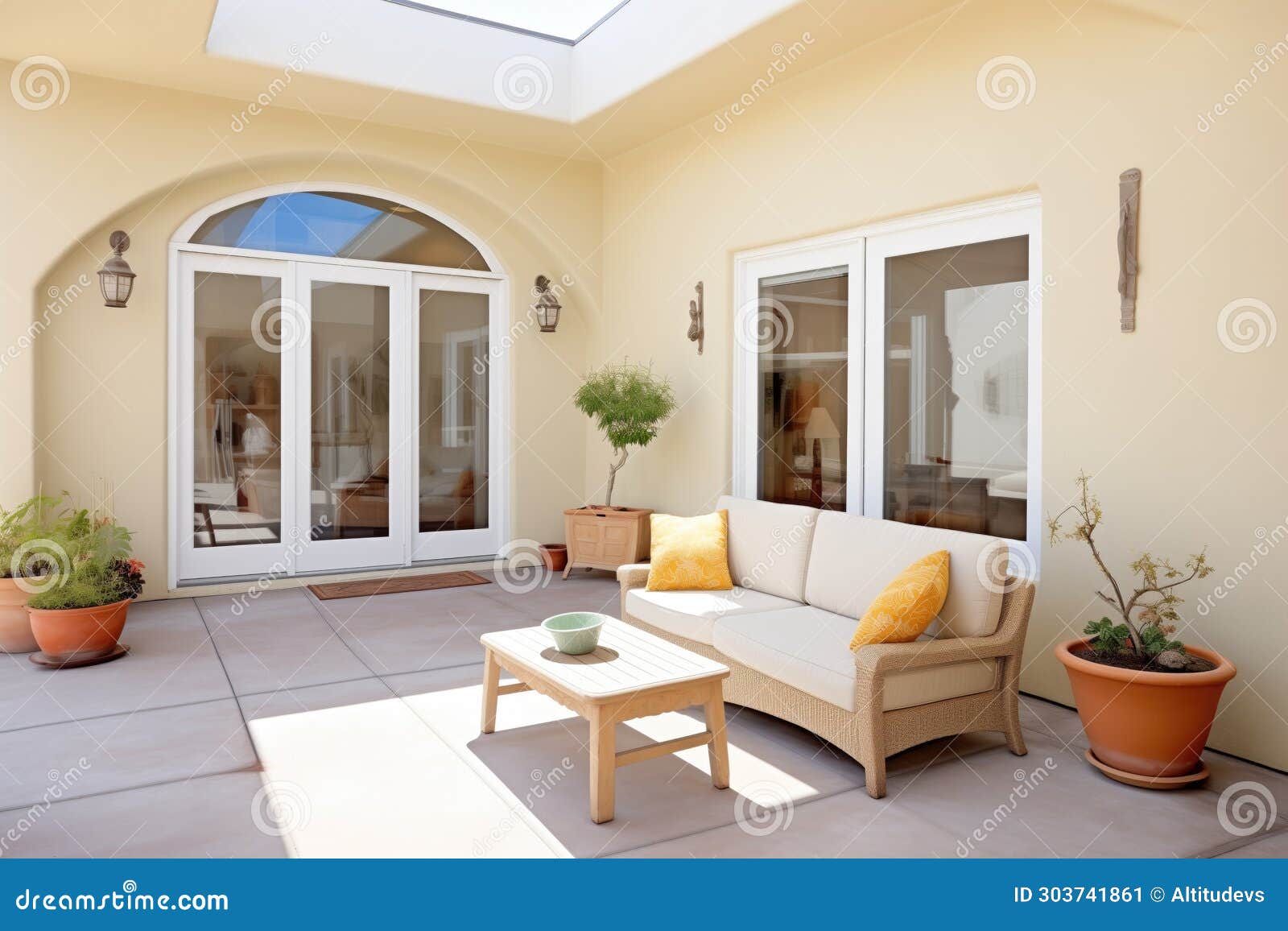 Sunlit Patio with Stucco Walls and Arched Openings Stock Image Image