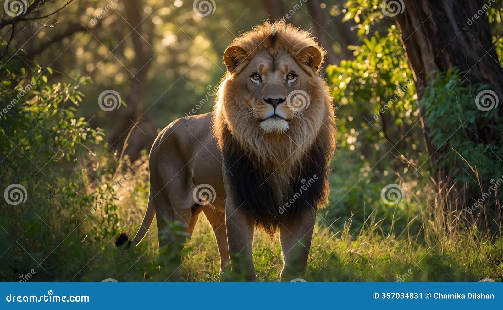 sunlit sovereign: asiatic lion roaming the tranquil gir forest clearing