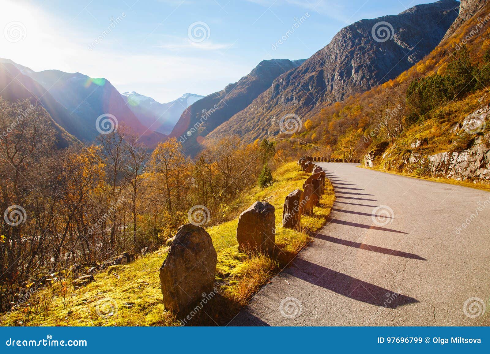 sunny autumn at gamle strynefjellsvegen, national tourist road,