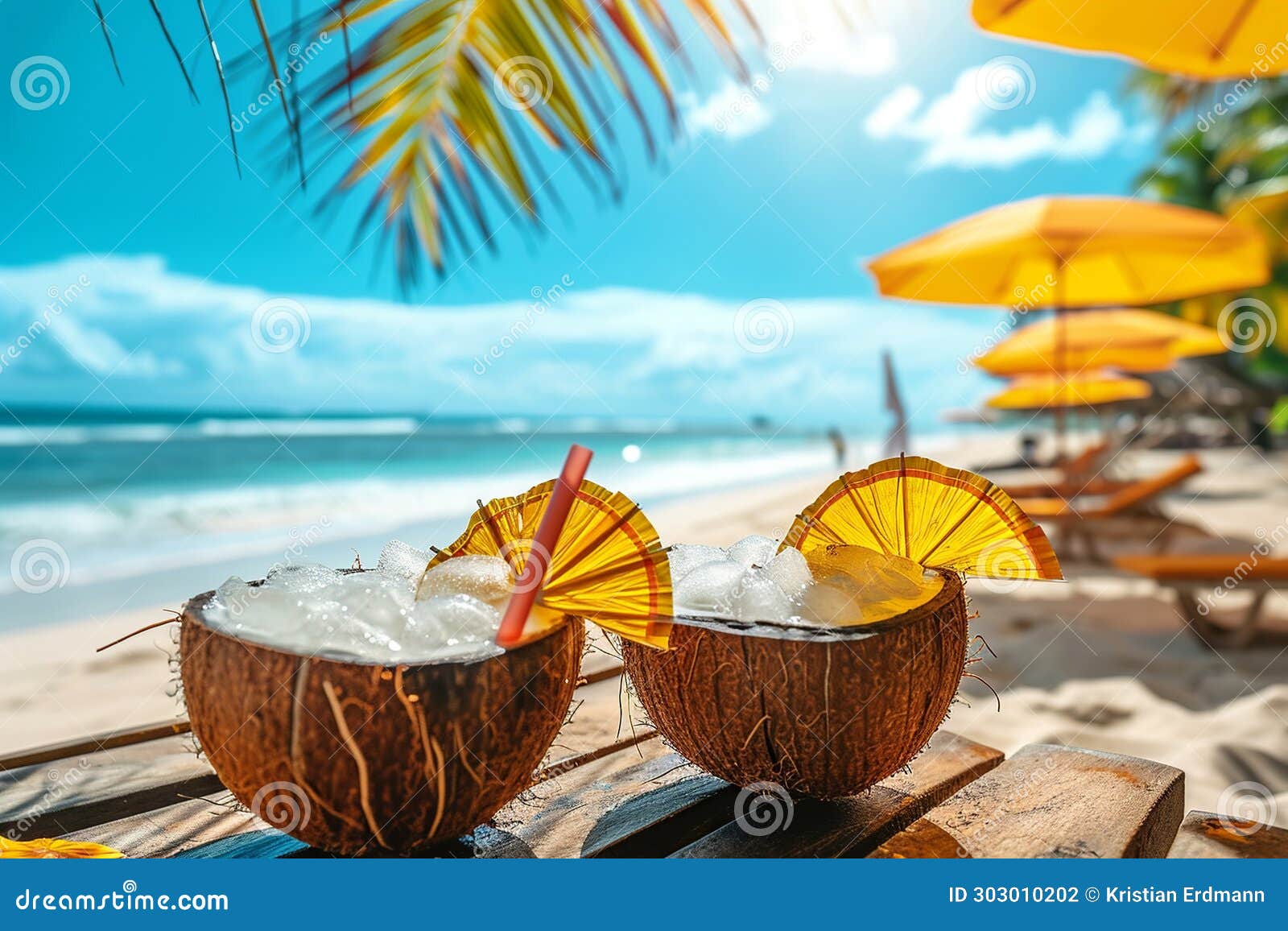 sunny beach bar with piÃ±a coladas in coconut shells