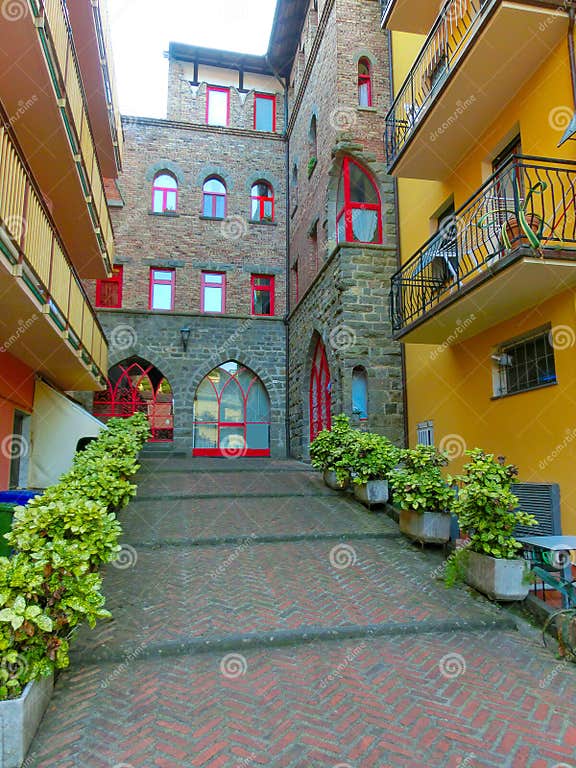 Sunny Cityscape of Little Street in Moneglia Village in Liguria Stock