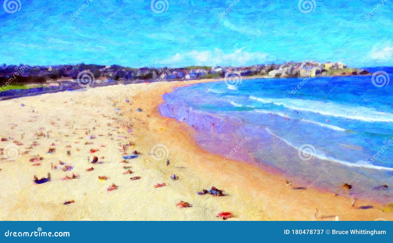 sunny day at bondi beach, impressionist oil painting style, sydney, australia