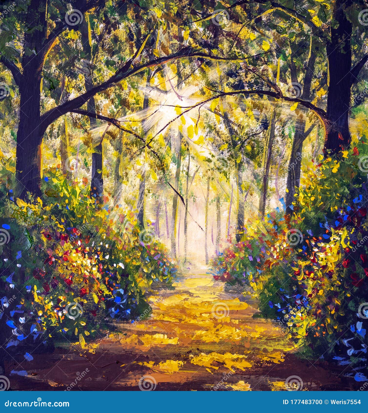 Sunny Forest Wood Trees Original Oil Painting. Stock Photo - Image of ...