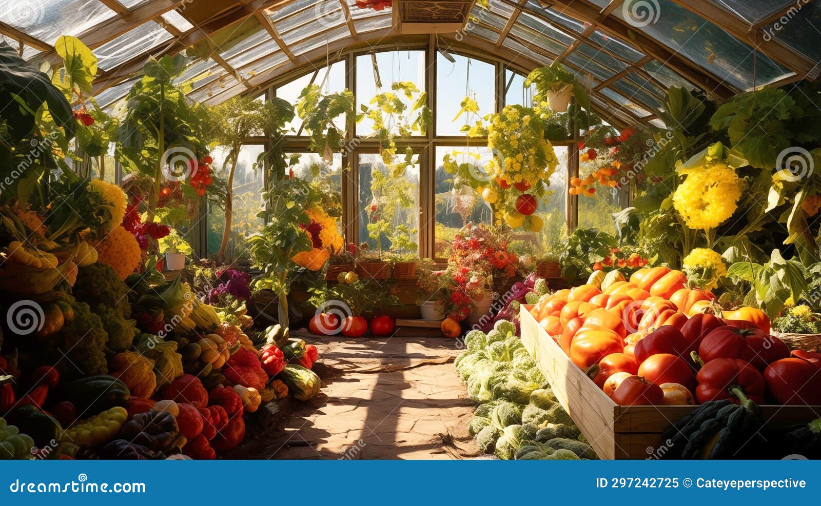 Sunny Greenhouse Filled with Various Vegetables. AI Generated Stock