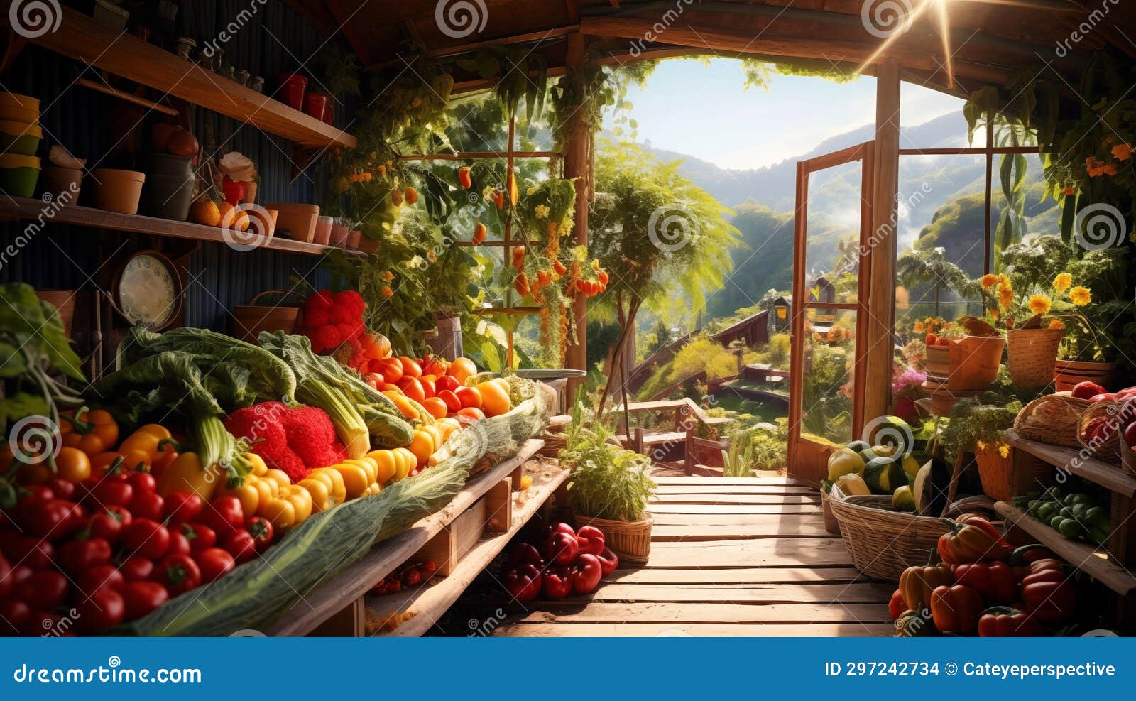 Sunny Greenhouse Filled with Various Vegetables. AI Generated Stock