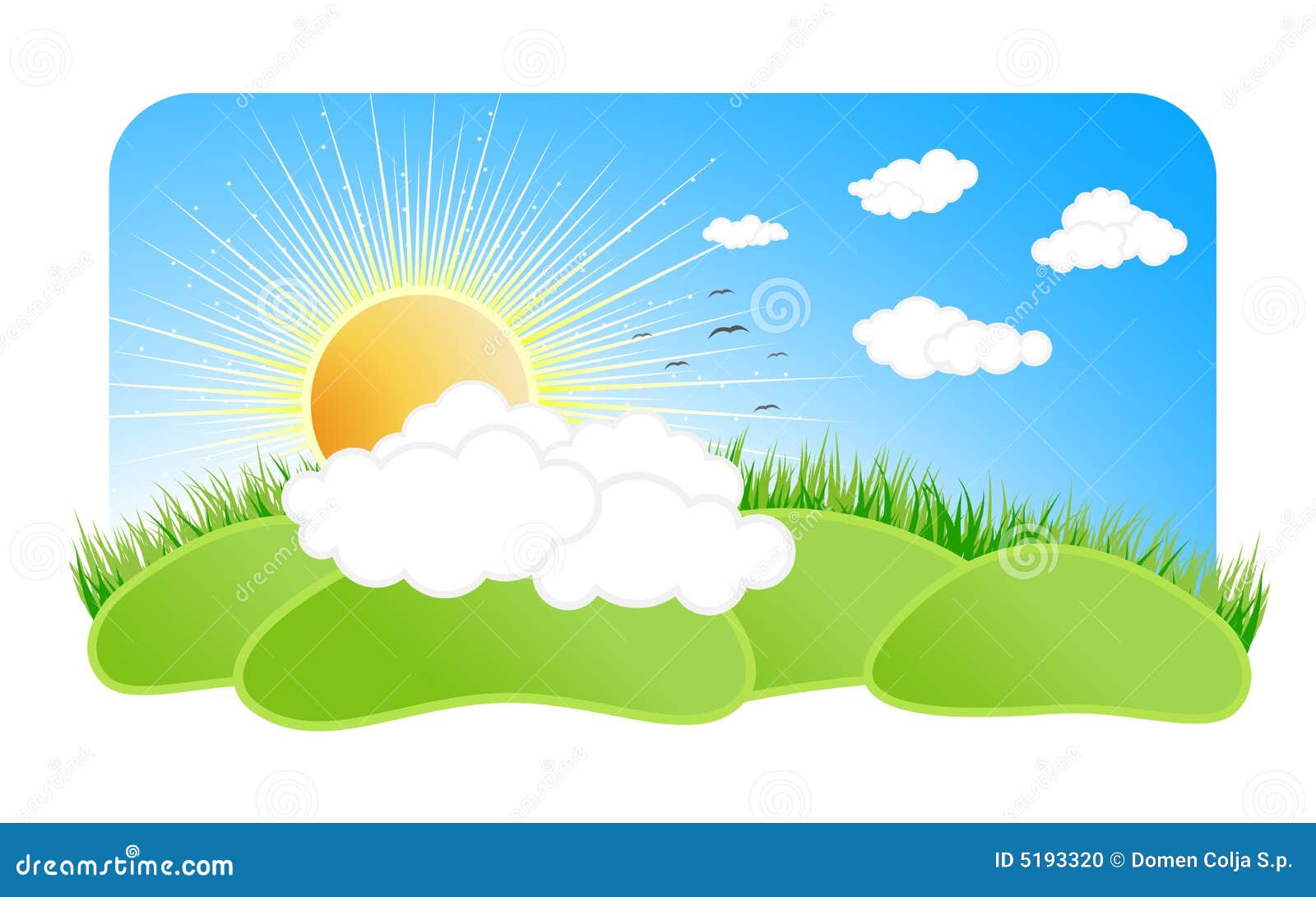 Sunny nature design element. Vector illustration of a beautiful sunny nature landscape with a blue sky clouds, birds, green grass, sun with rays and green pastures.