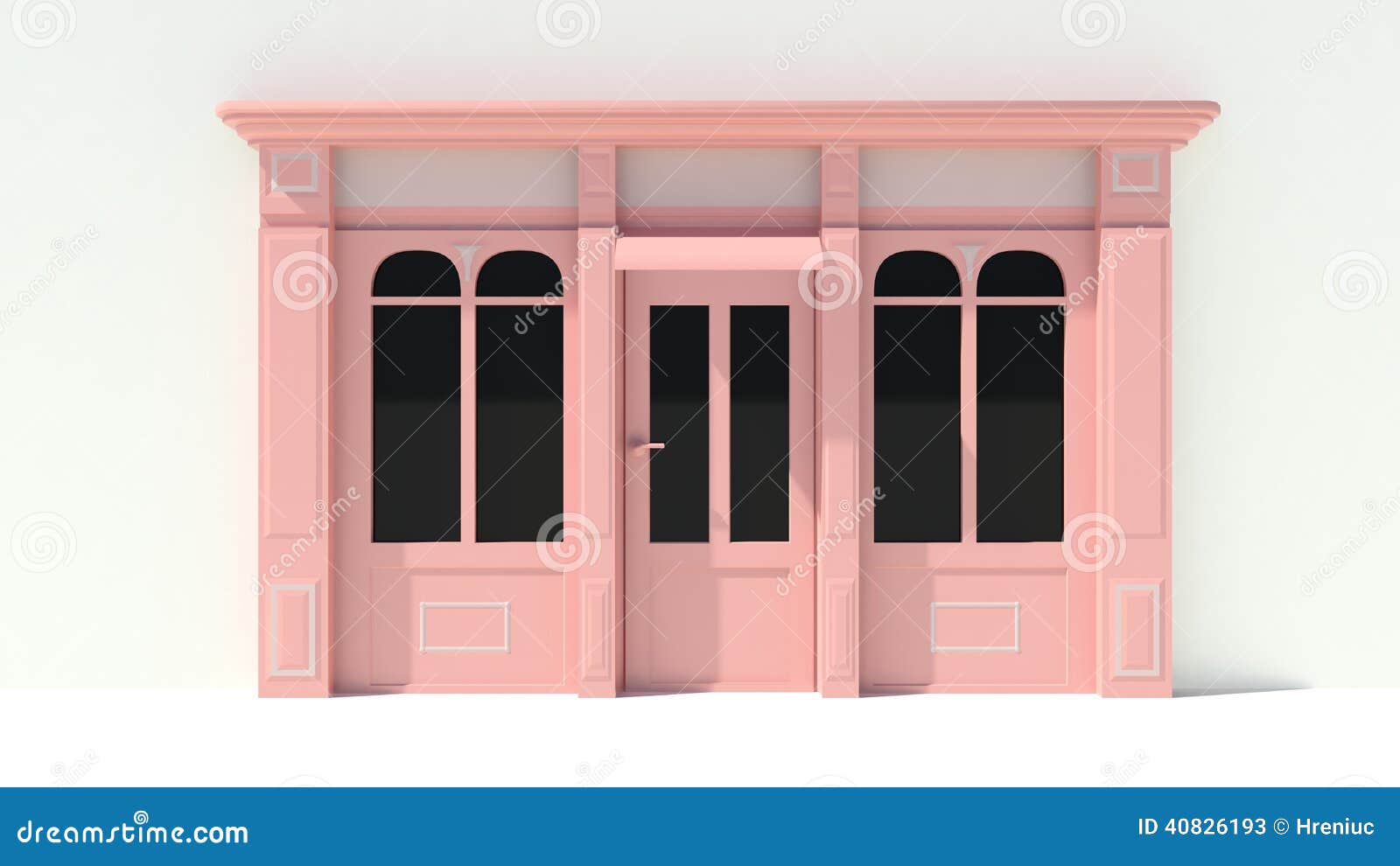 sunny shopfront with large windows white and pink store facade with awnings