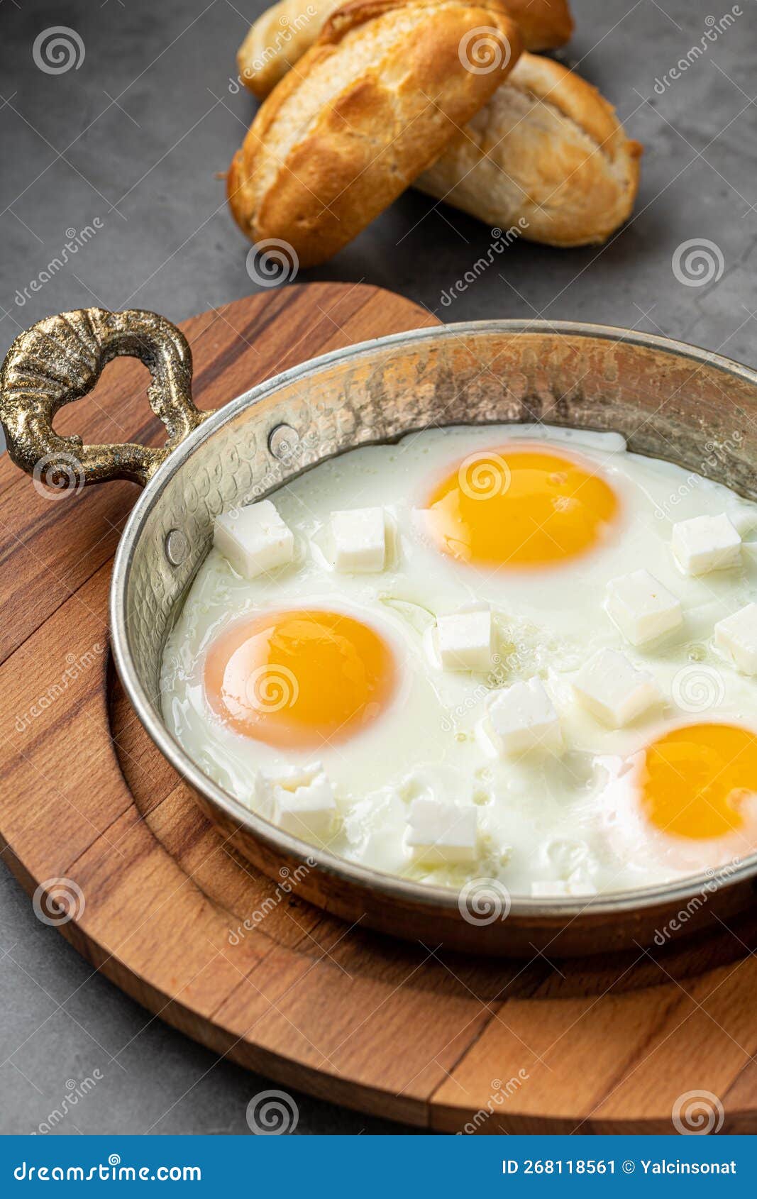 Sunny Side Up Eggs with Feta Cheese in a Copper Pan Stock Image Image