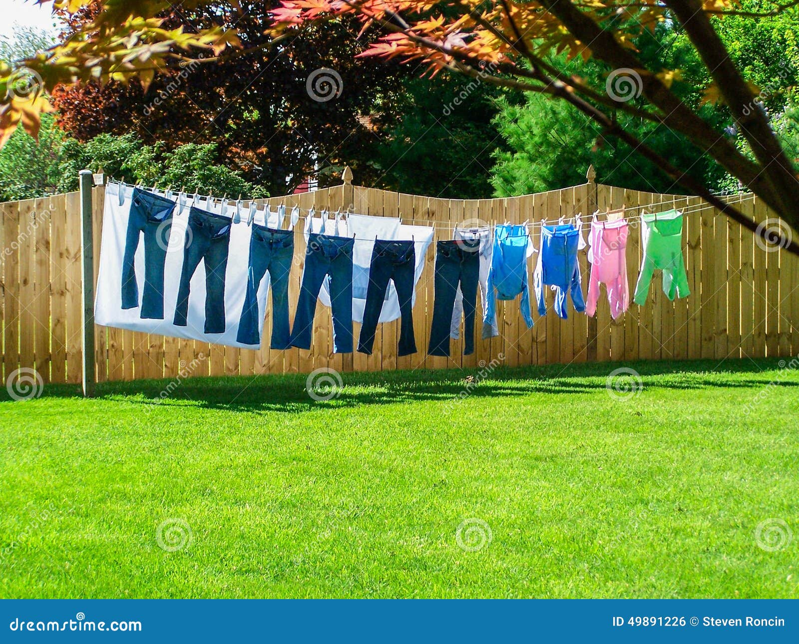Sunny Summer Clothesline in Backyard Stock Photo - Image of highlight,  fencing: 49891226