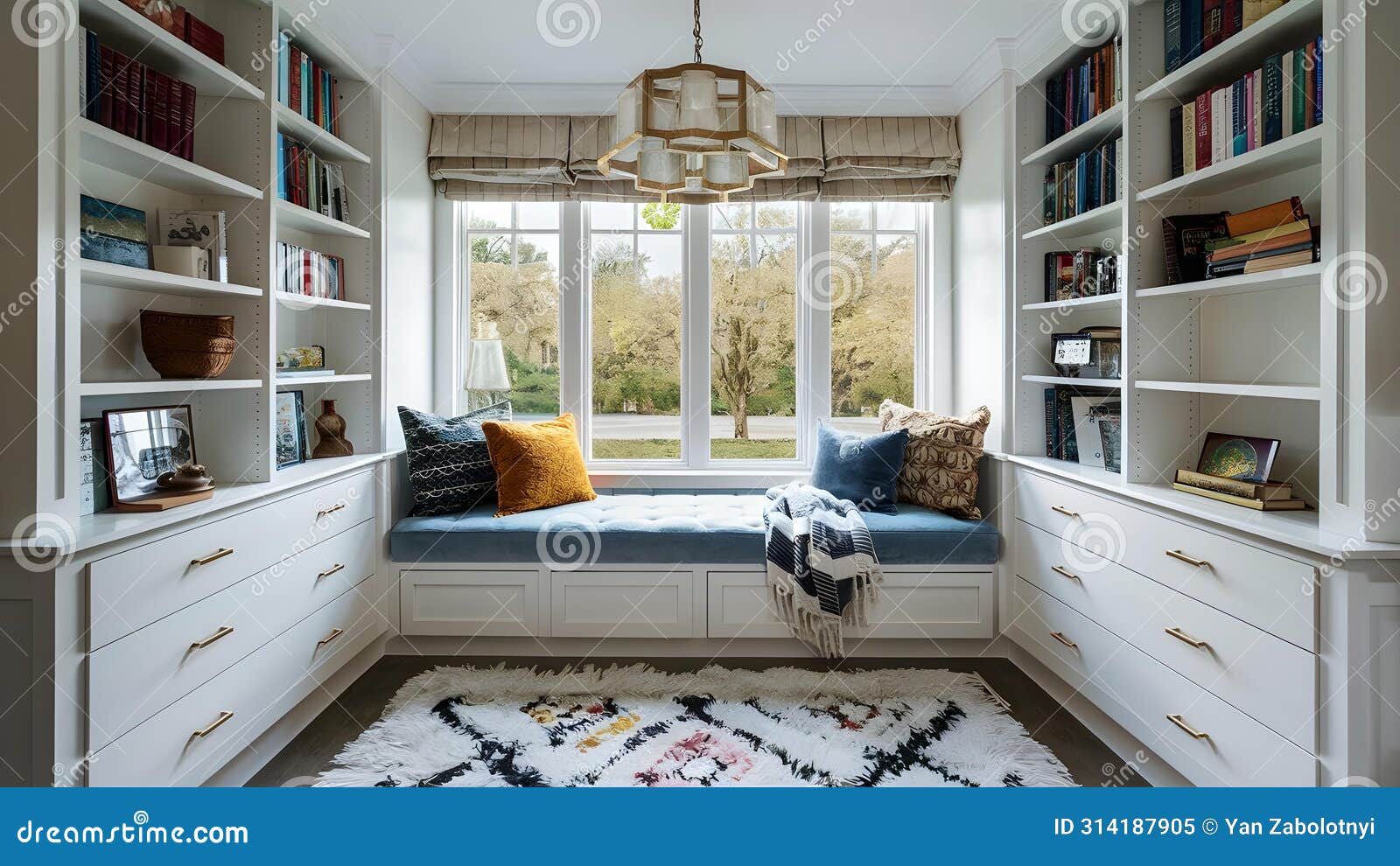 sunny window seat enclave surrounded by books. concept cozy reading nook, natural light photoshoot,