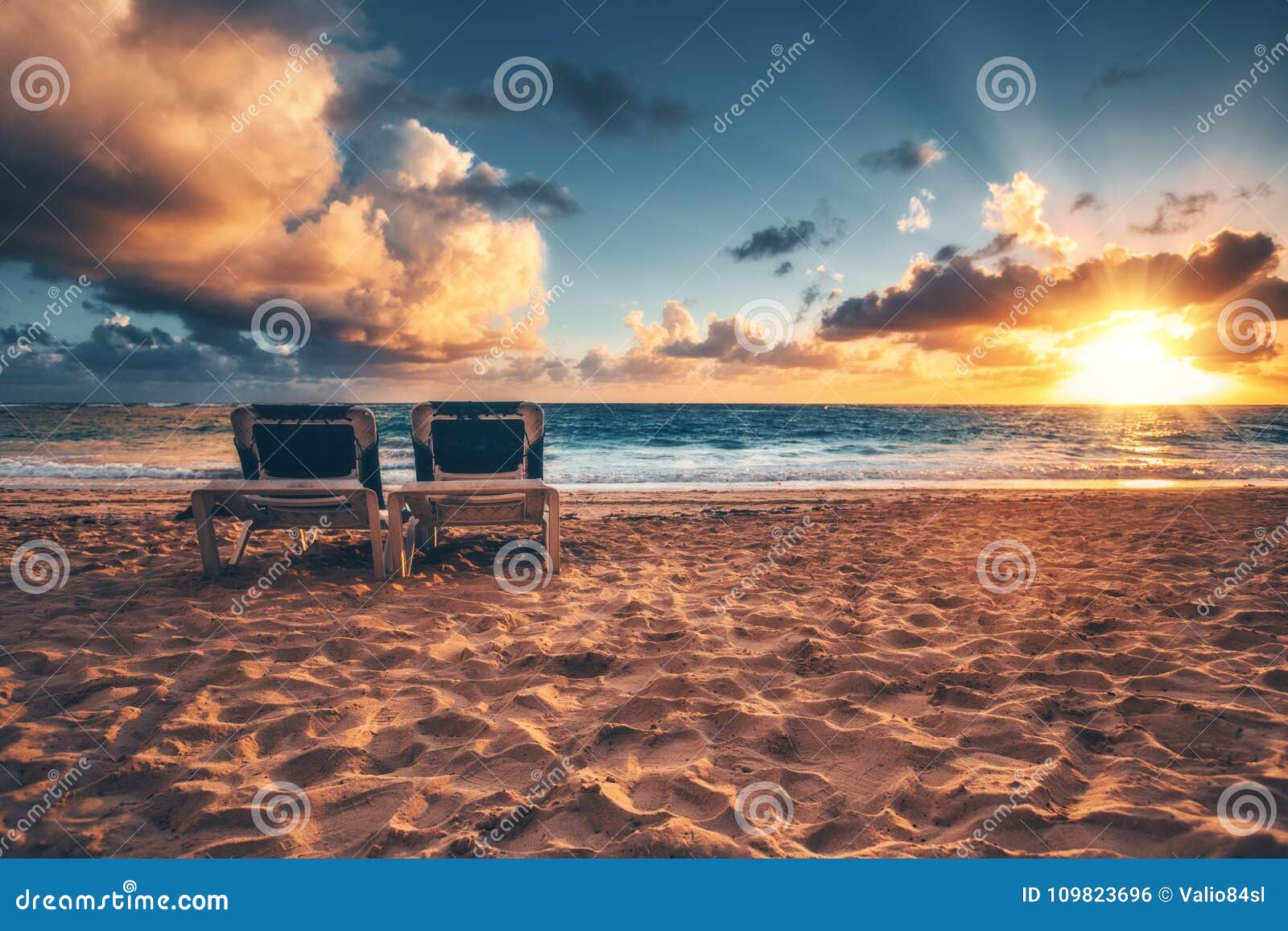 Sunrise Beach Chairs On The Tropical Caribbean Beach Stock Photo Image Of Beach Island