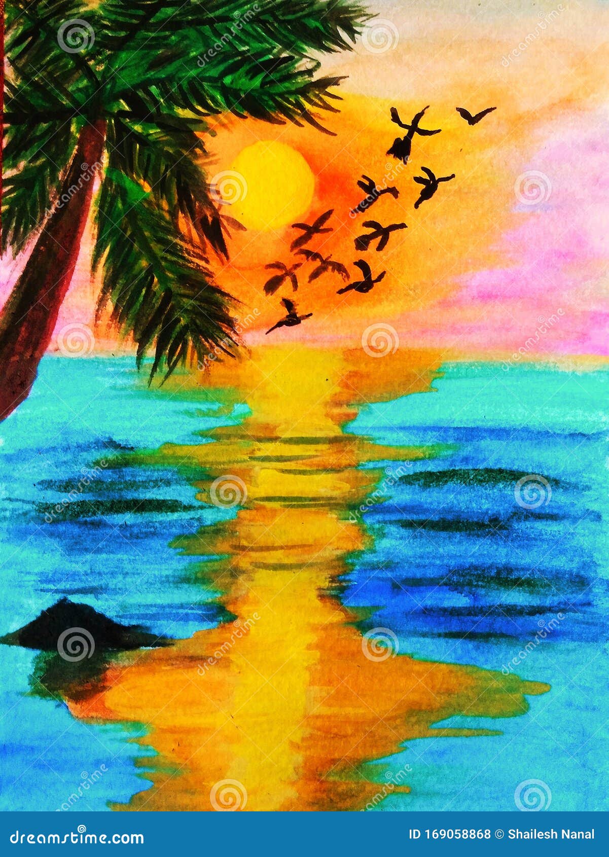 Sunrise Birds And Palm Tree Drawing Stock Illustration Illustration Of Painting Reflection