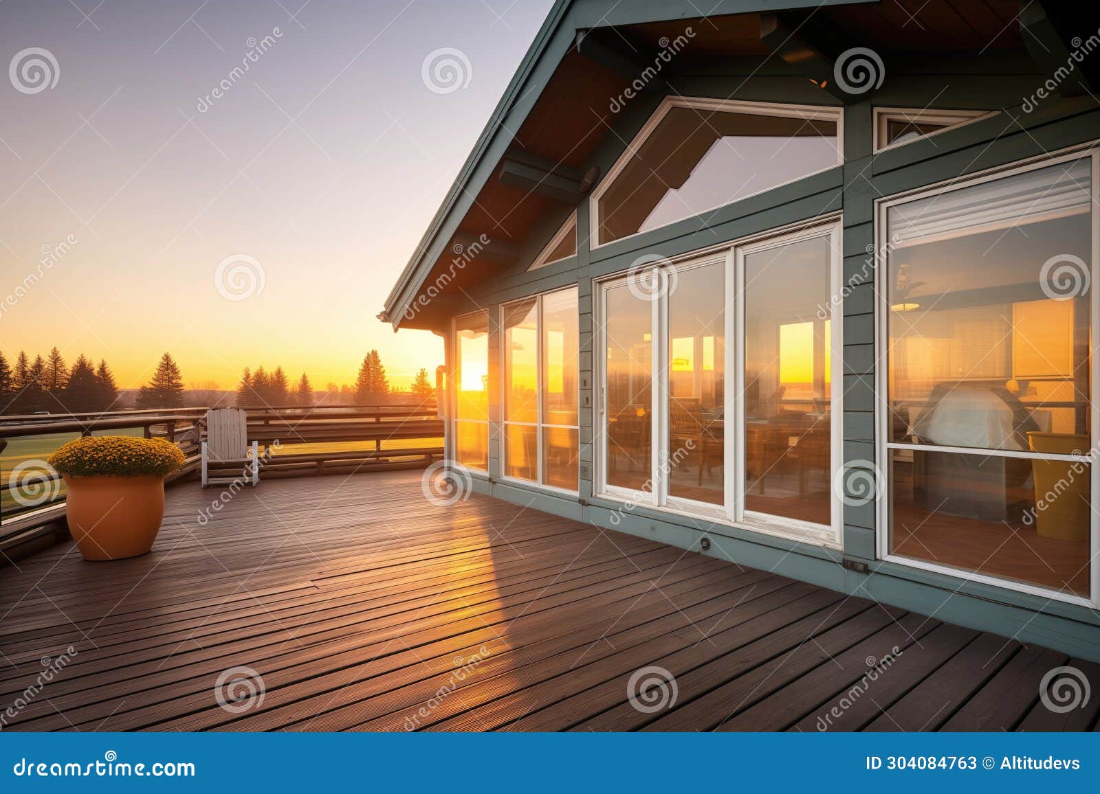 sunrise casting glow on a log cabin with fulllength glass windows