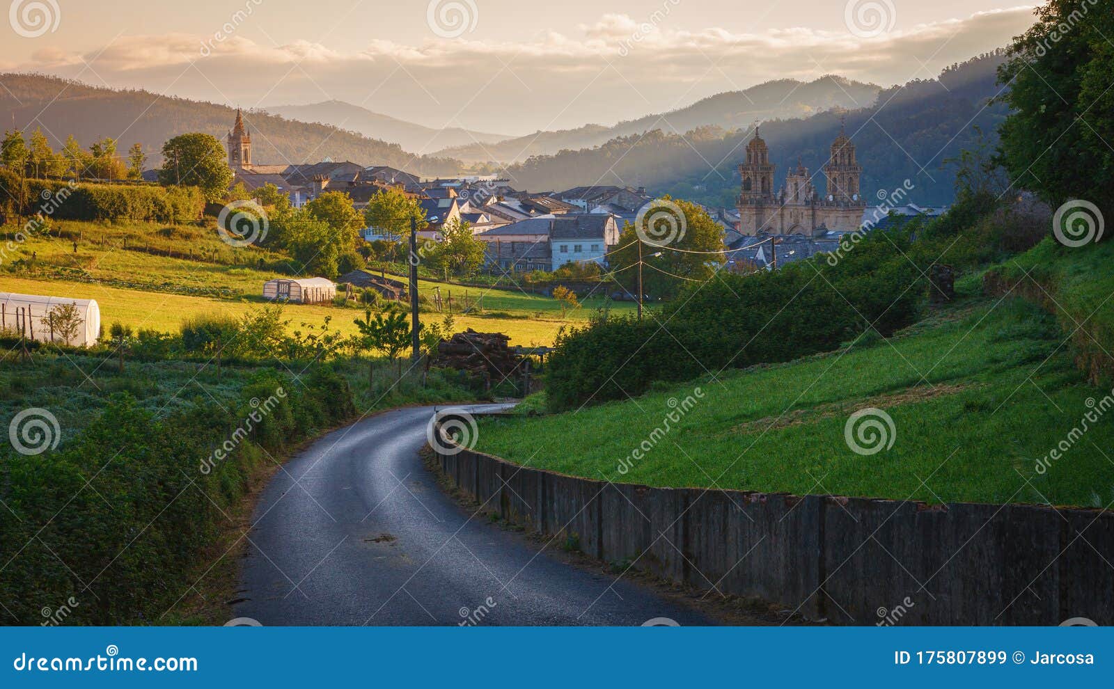 at sunrise, departure from the historic city of mondonedo mondoÃÂ±edo on the way of st. james, galicia, spain