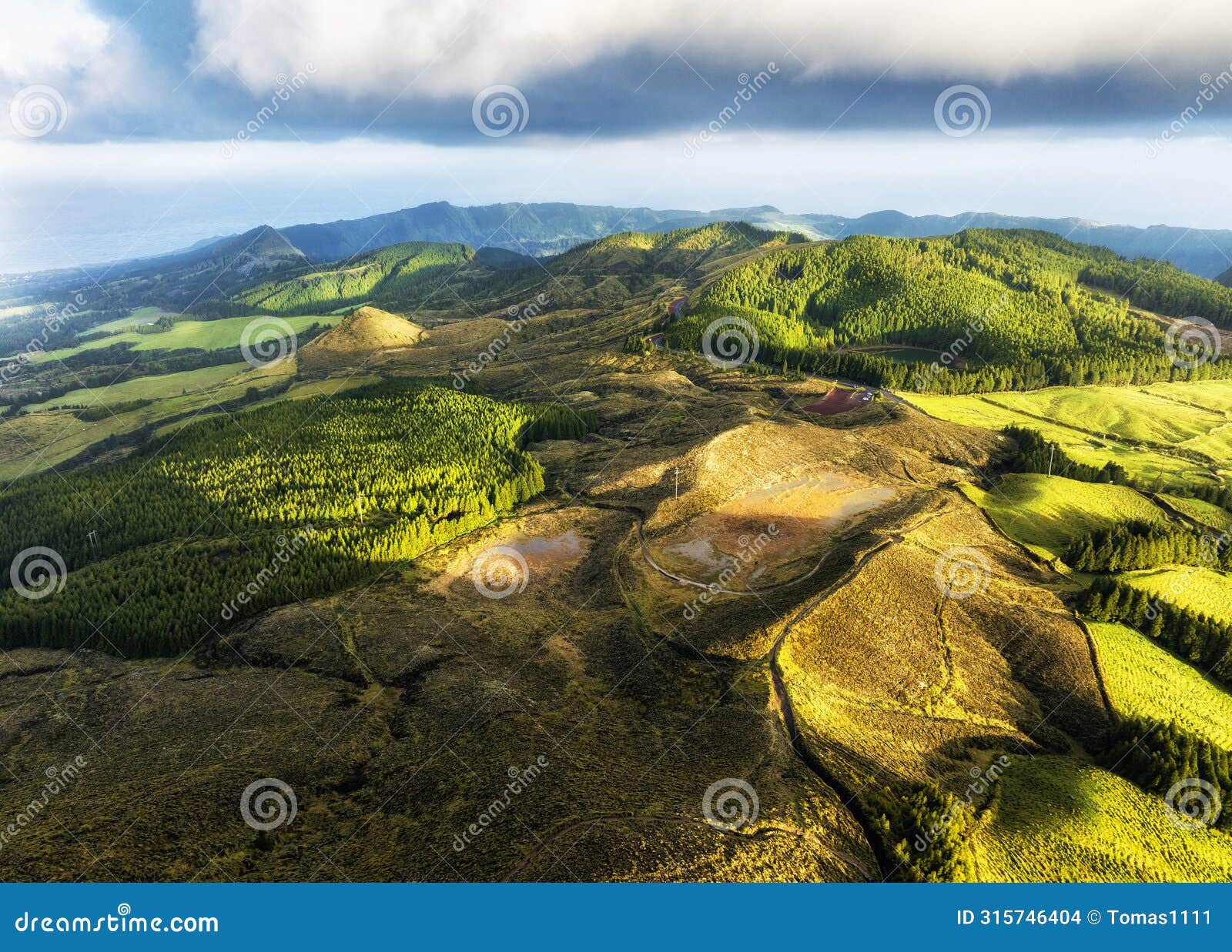 sunrise from drone viewpoint boca do inferno, hiking panorama, vulcanic lake in the background, sao miguel island, azores,