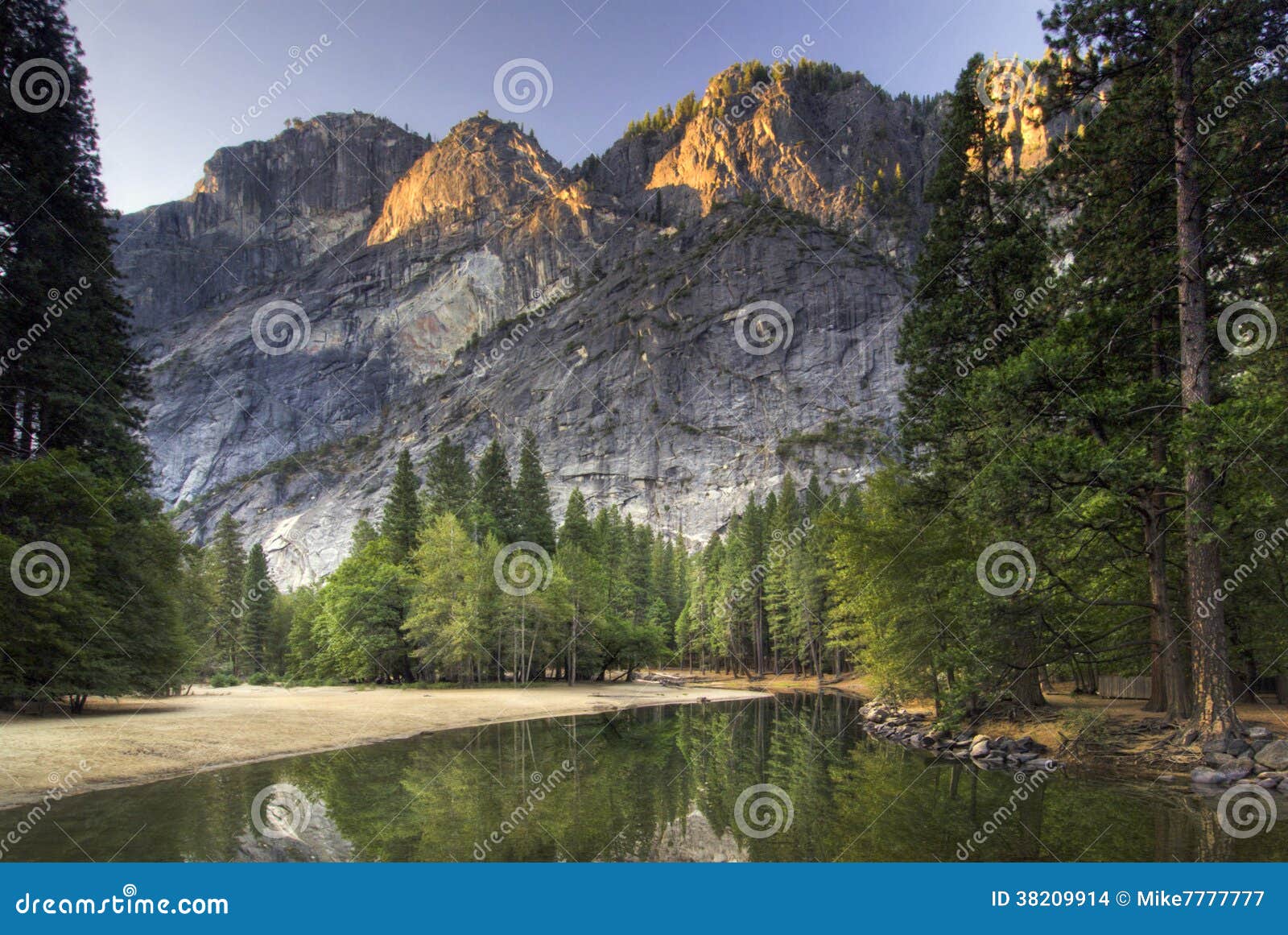 sunrise on glacier point from the merced river. yosemite national park, california, usa