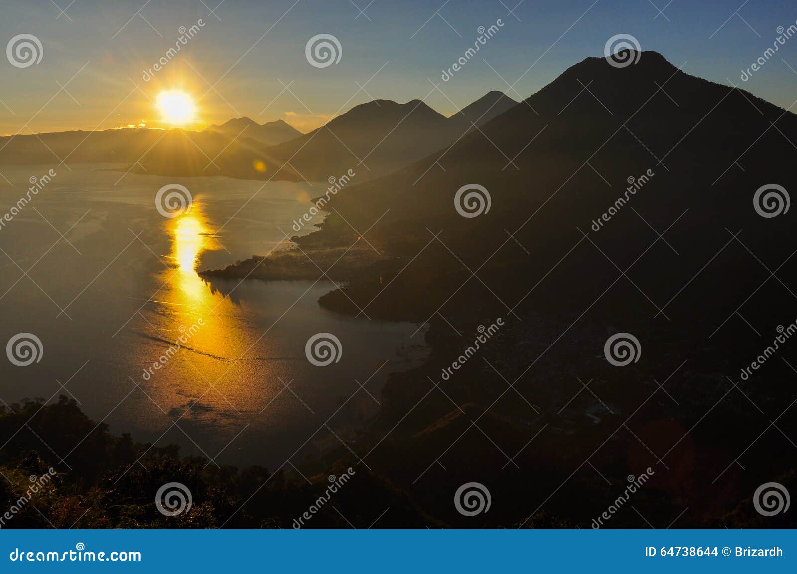 sunrise from narriz del indio over lago atitlan, guatemala