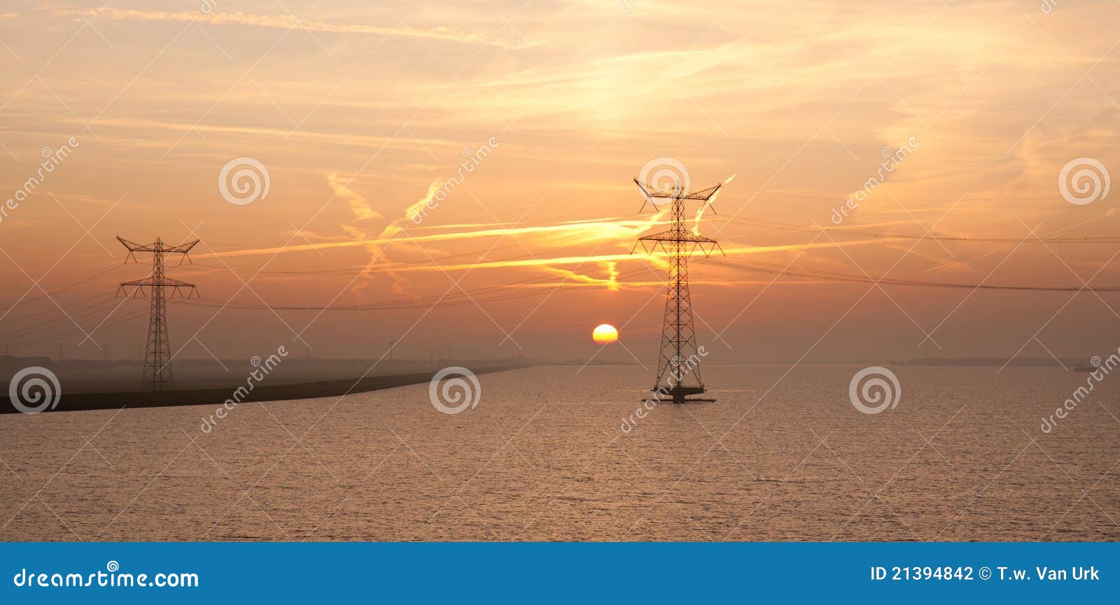 sunrise over the dutch sea with two electricity