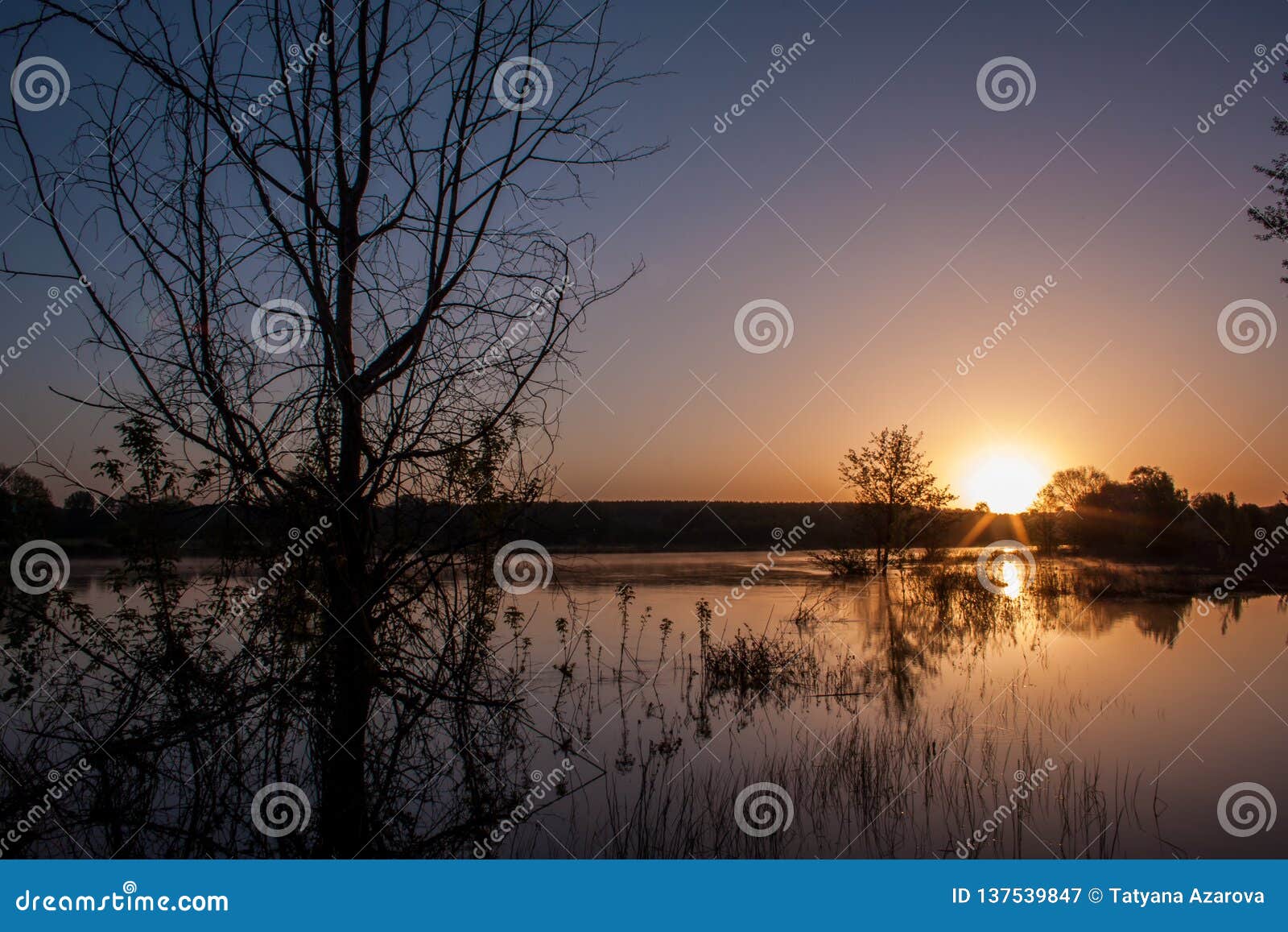 sunrise over lake in the spring, landscape in penumbra, reflection