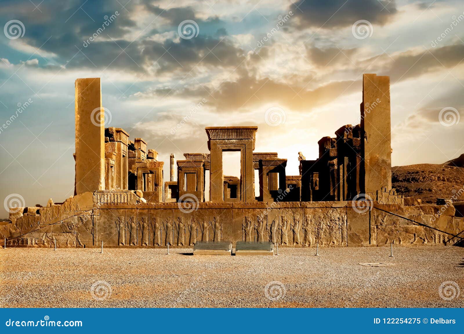 sunrise in persepolis, capital of the ancient achaemenid kingdom. ancient columns. sight of iran. ancient persia.