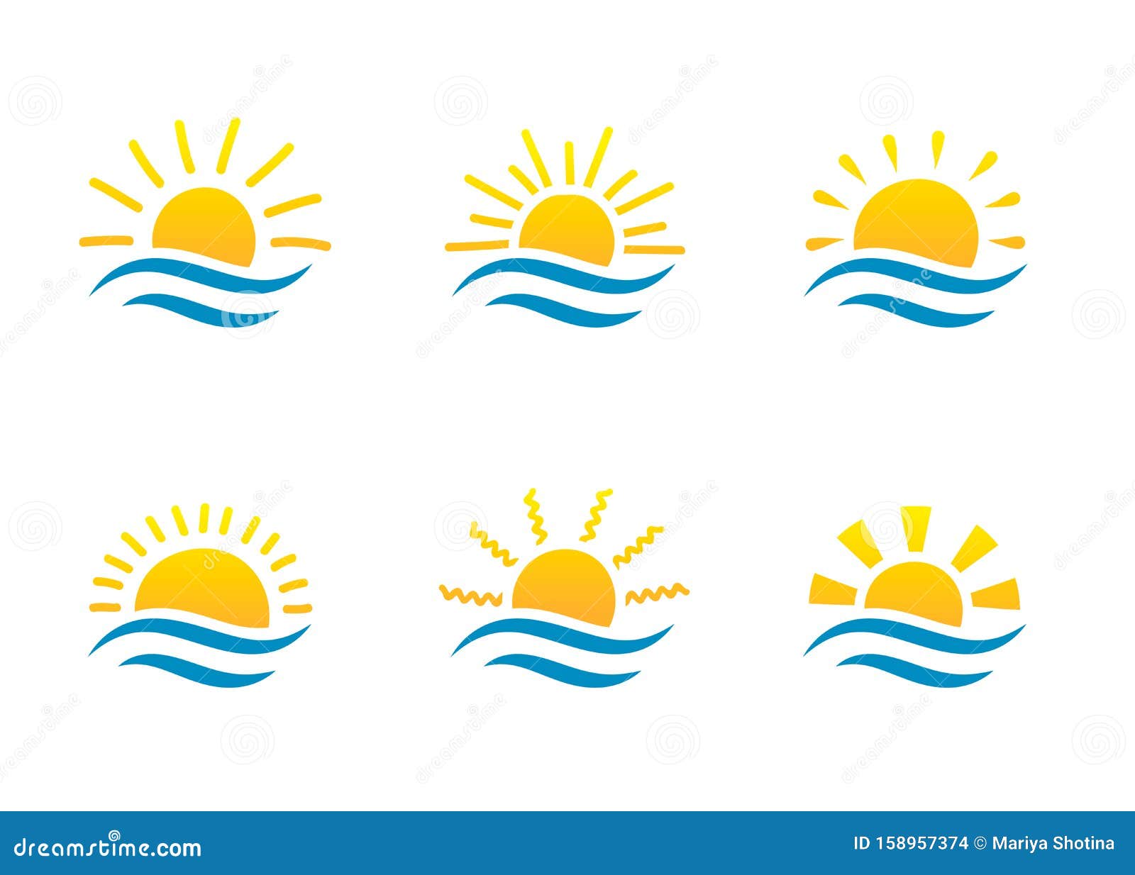 Sunrise and Sea Cartoon Logo Temlates Collection. Water Waves and Sunbeam  Icons Set Stock Vector - Illustration of sunny, retro: 158957374