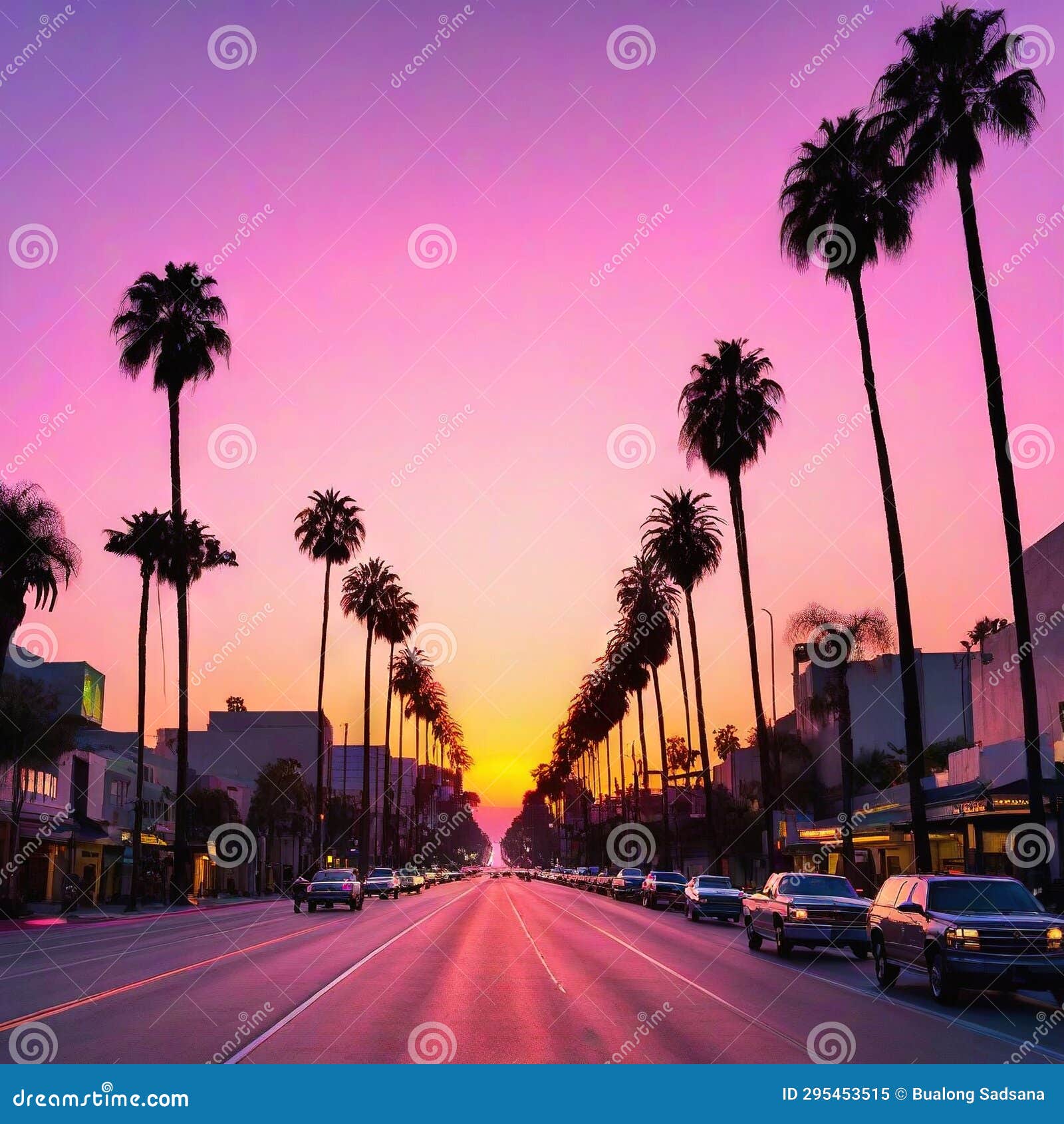sunrise at sunset boulevard with pink sky and the palm tree lined