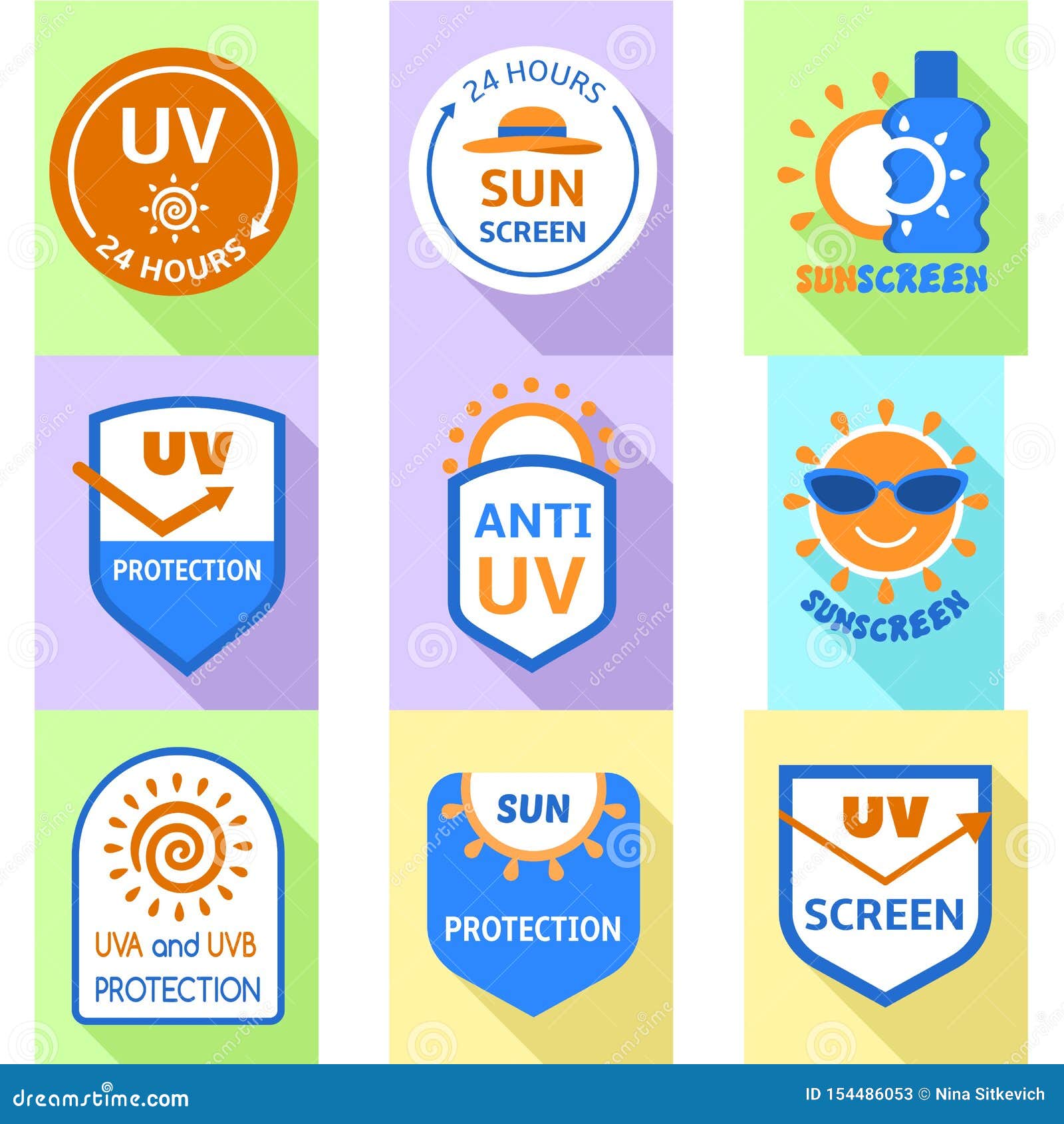 Sunscreen Logo Set, Flat Style Stock Vector Illustration of plastic, logo 154486053