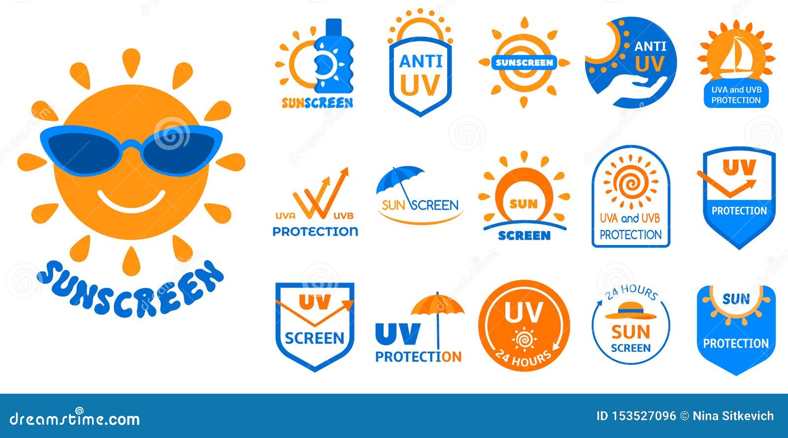 Sunscreen Logo Set, Flat Style Stock Vector Illustration of spray, plastic 153527096