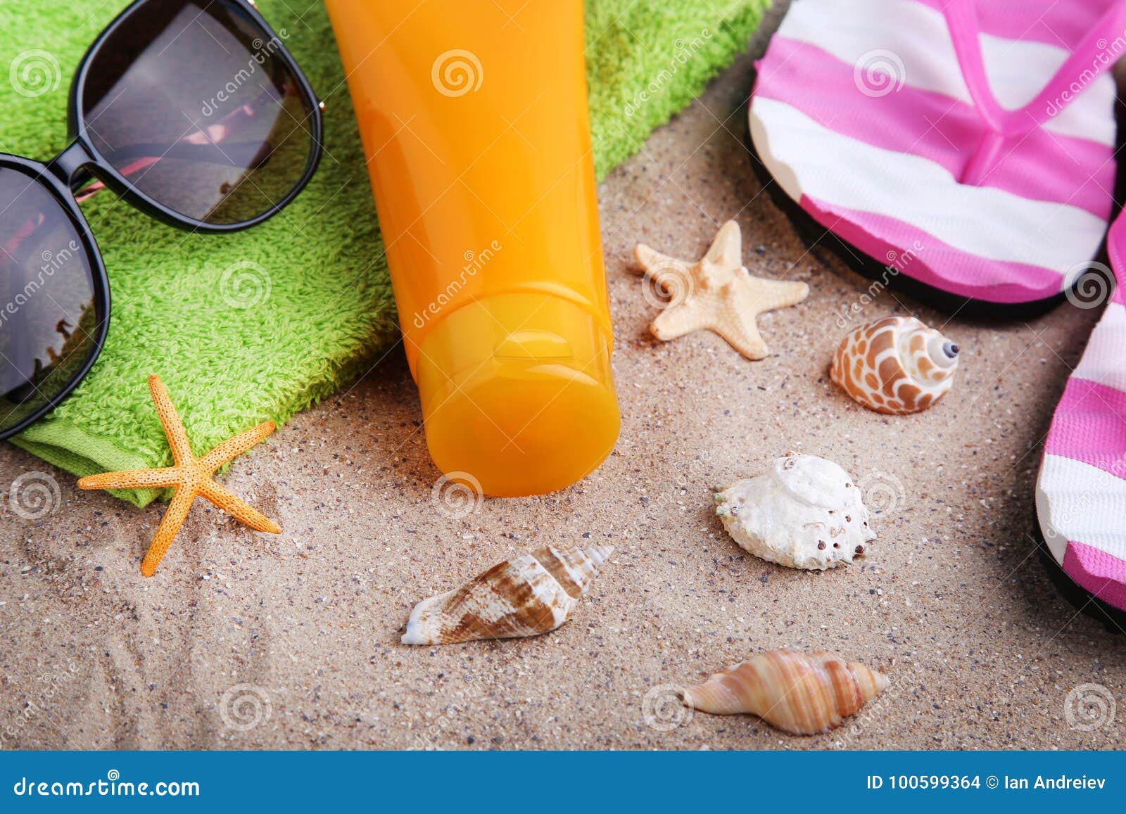 Sunscreen with Seashells and Sunglasses Stock Photo Image of beach
