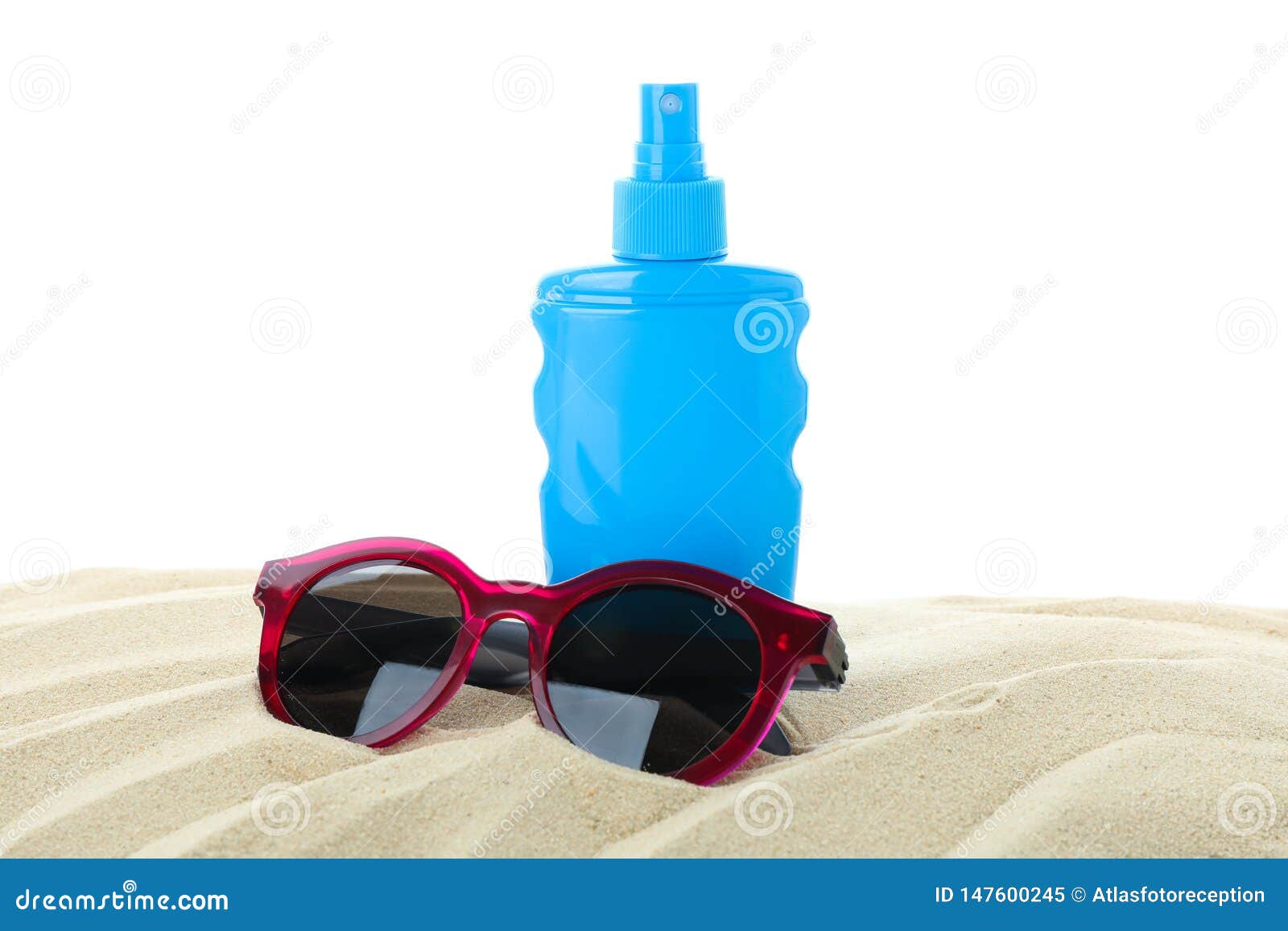 Sunscreen with Sunglasses on Clear Sea Sand Isolated on White ...