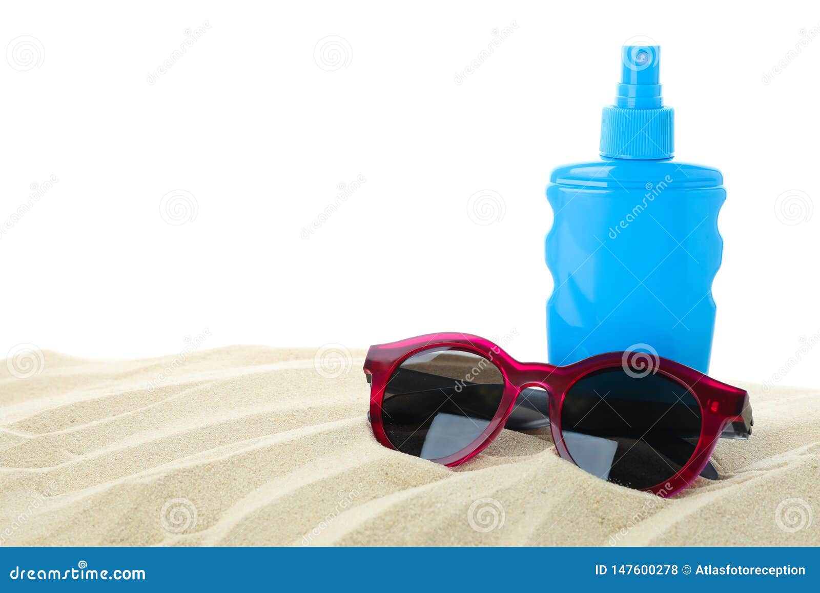 Sunscreen with Sunglasses on Clear Sea Sand Isolated on White ...