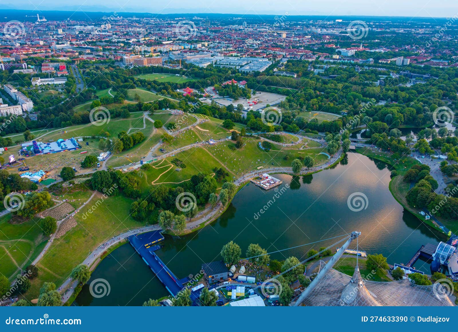 Sunset Aerial View of Olympiasee in German Town Munchen Stock Photo