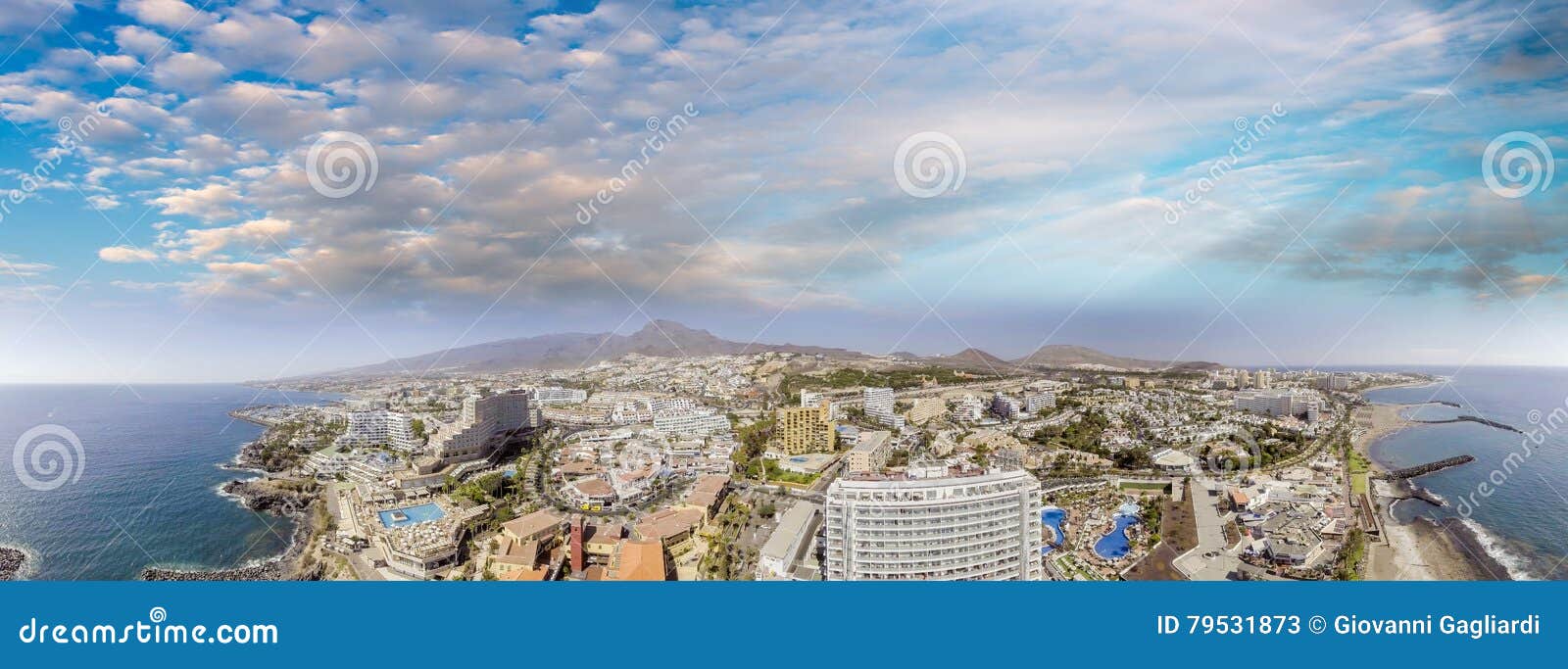 sunset aerial view of tenerife - playa de las americas